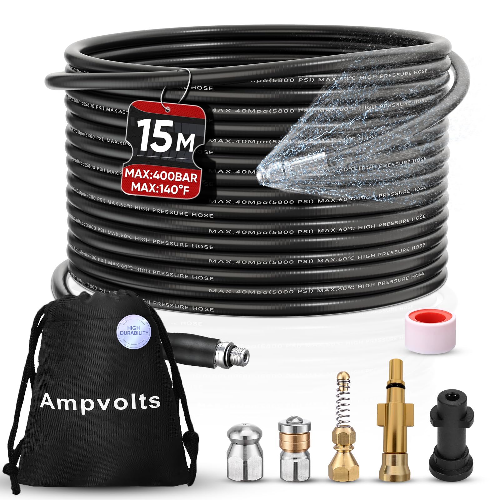 Ampvolts 15M Drain Cleaning Kit – Compatible with Karcher K2–K7 & Bosch AQT, 400 Bar / 5800 PSI Drain Jetting Hose, Includes 2 Adapters & 3 Nozzles, High Pressure Drain Unblocker