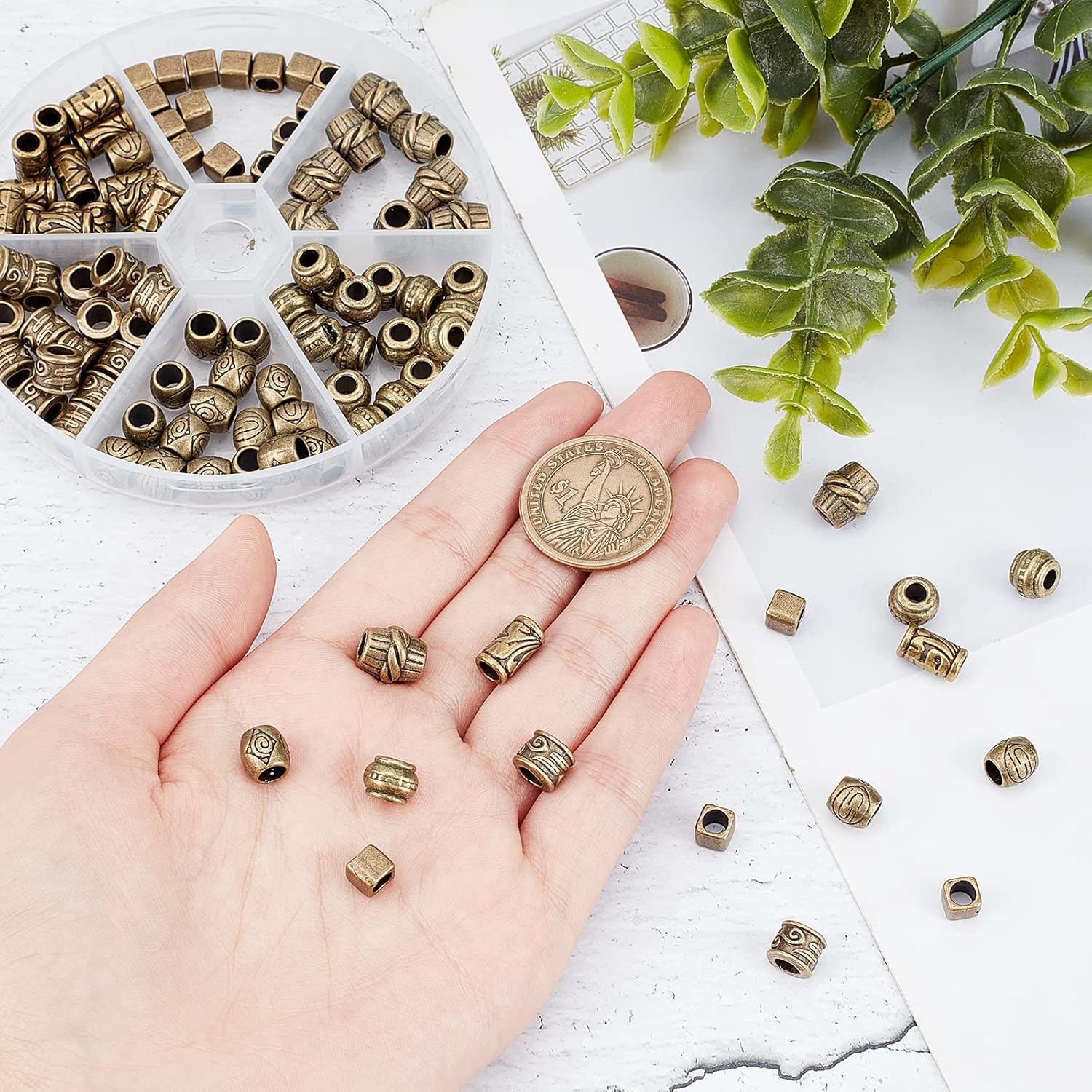 NBEADS 110 Pcs Beads for Hair, 6 Styles African & Tibetan Style Spacer Beads, Antique Bronze Alloy, Hole: 45.5mm - Image 3