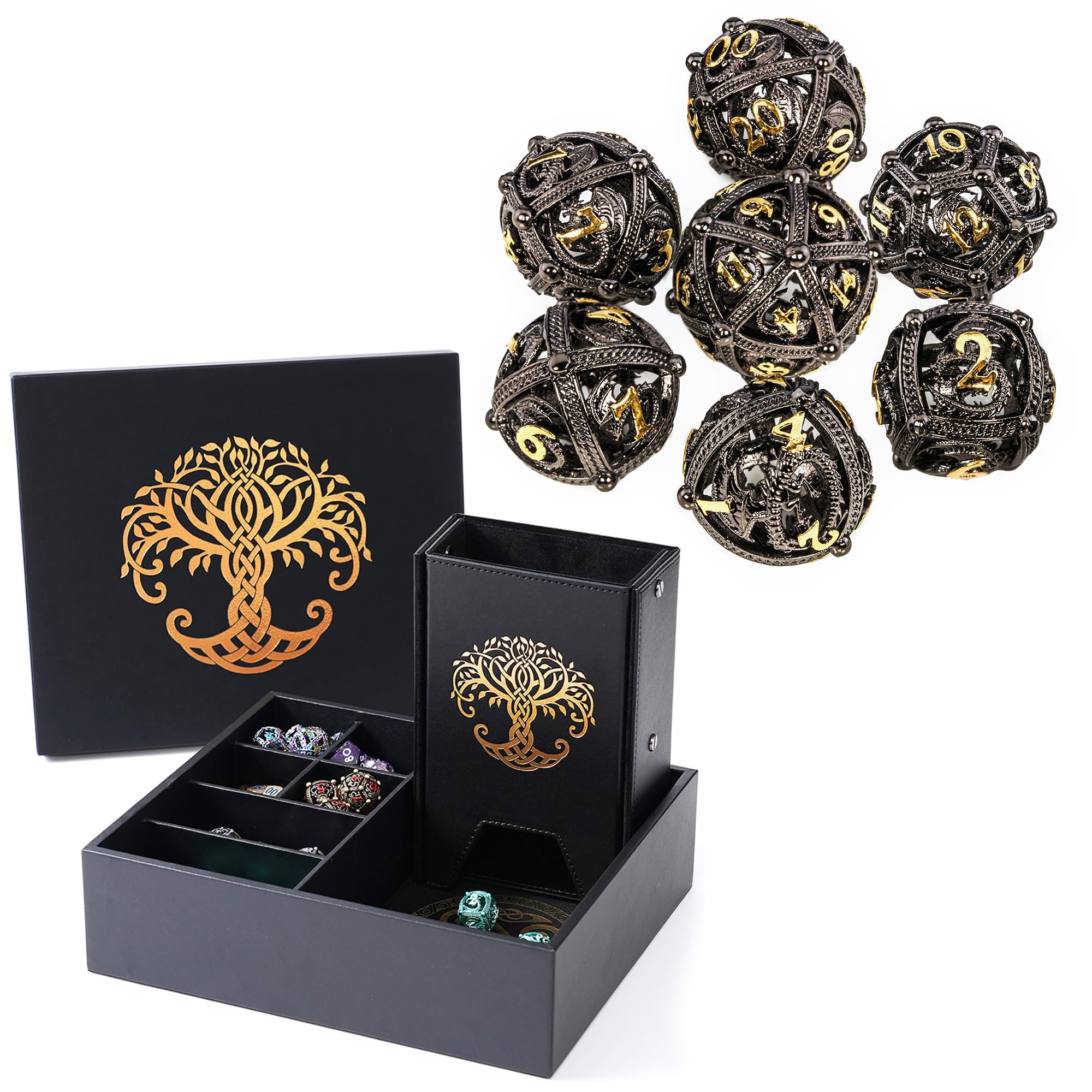 Soar Forge Gold Dice Tower and Tray + Black Gold Round Hollow Orb Dice