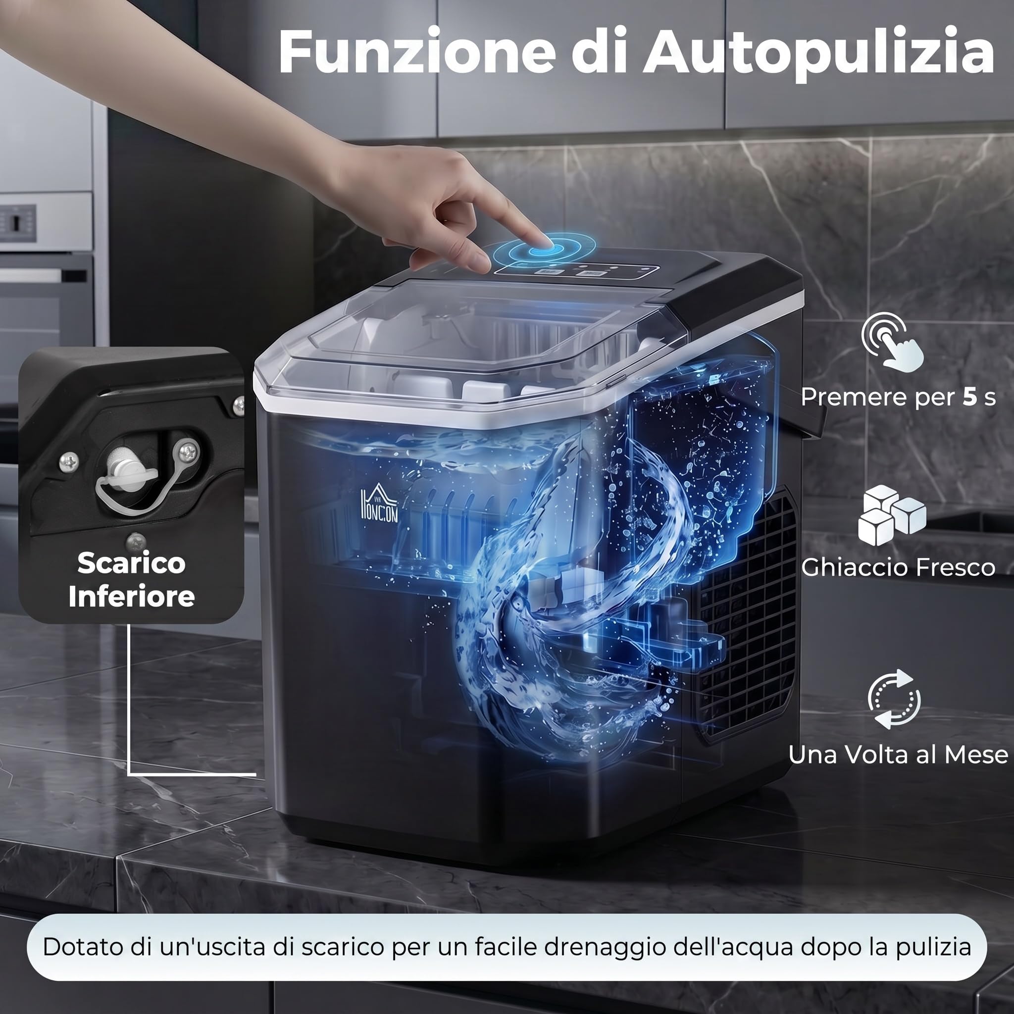 HOMCOM Macchina del Ghiaccio Autopulente 12kg/24h, 9 Cubetti in 6-13 Minuti con Cesto e Paletta, Macchina per il Ghiaccio in PP e Rame, 22.2x29.4x29 cm, Nera
