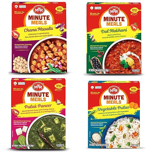 MTR Mezcla de platos listos para comer, paquete surtido de 4 (Chana Masala, Dal Makhani, Palak Paneer, Veg Pulao) (paquete de maharaja)
