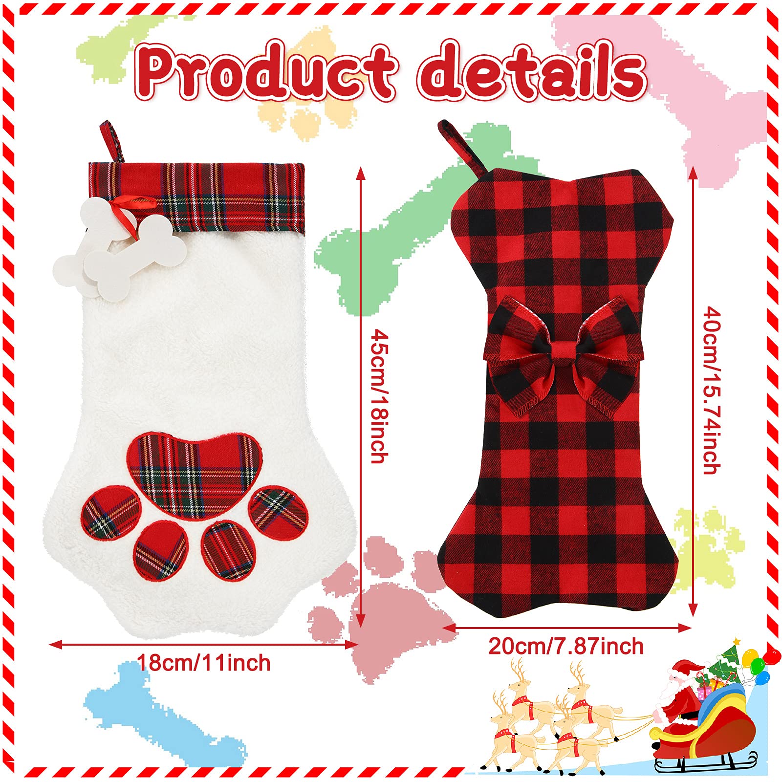 Gejoy 2 Piece 18 Inch Pet Dog Christmas Stocking Hanging Bone with Bow Buffalo Plaid Christmas Stockings Dog Cat Paw Stocking for Pets Puppy Family Xmas Holiday Fireplace Decoration