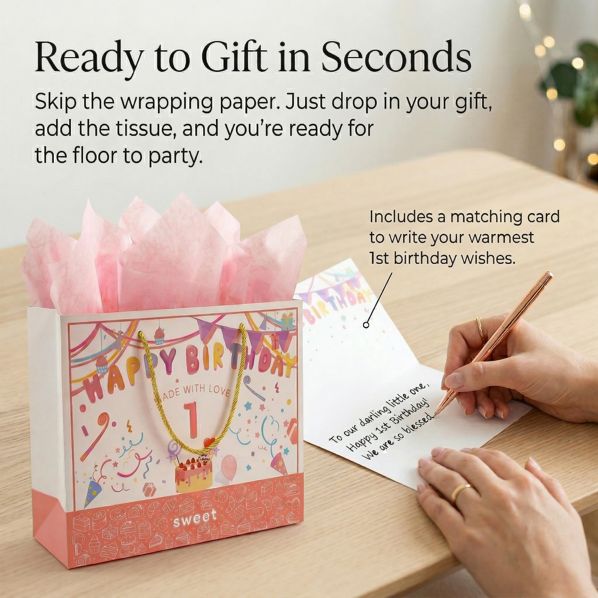 BOPLYBAY 1st Birthday Gift Bag for Girls with Greeting Card & Tissue Paper - Large 13" Pink Age 1 Birthday Party Favor Bag, Luxury Gift Wrapping Set for One Year Old Baby Girl (Age 1)