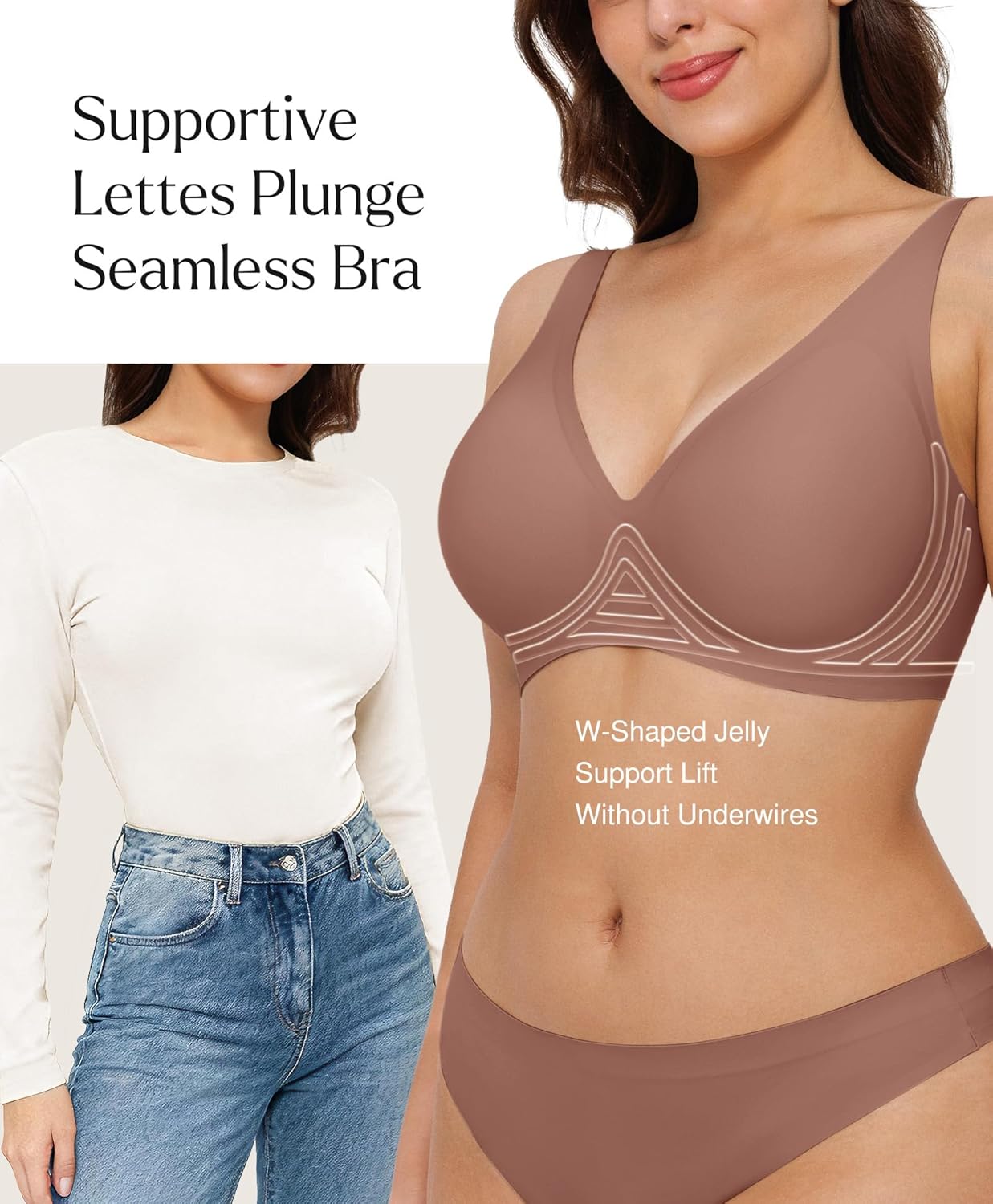 Wireless Push Up Bra Seamless Bras for Women Comfortable No Underwire Comfy Supportive Bralettes Deep V Tshirt Bra Coffee - Image 2