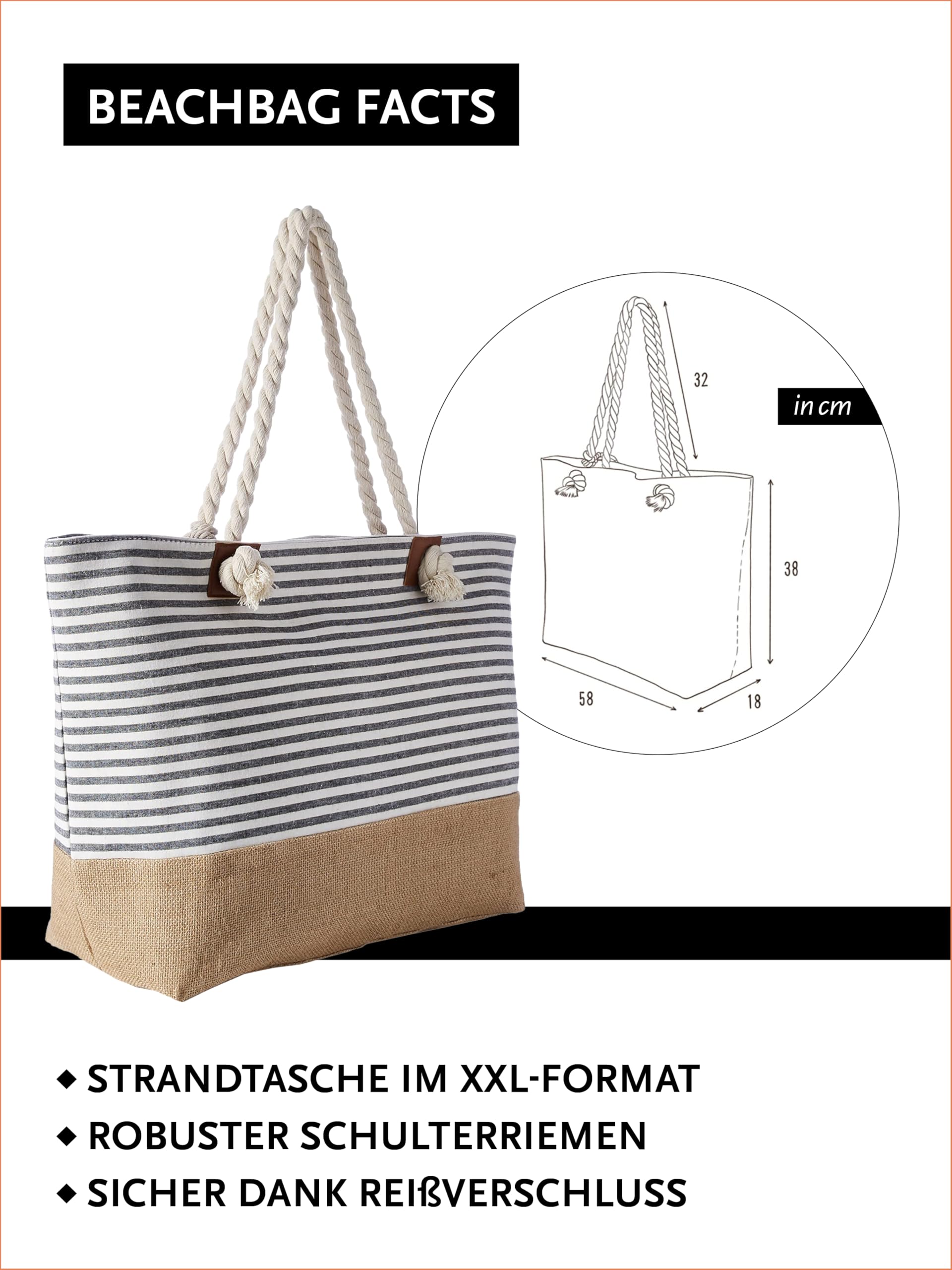 DonDon große Strandtasche XXL mit Reißverschluss - Umhängetasche Damen - große Badetasche für Urlaub vielseitige Shopper Tasche Damen für Strand Urlaub Must Haves Beach bag - Streifen schwarz