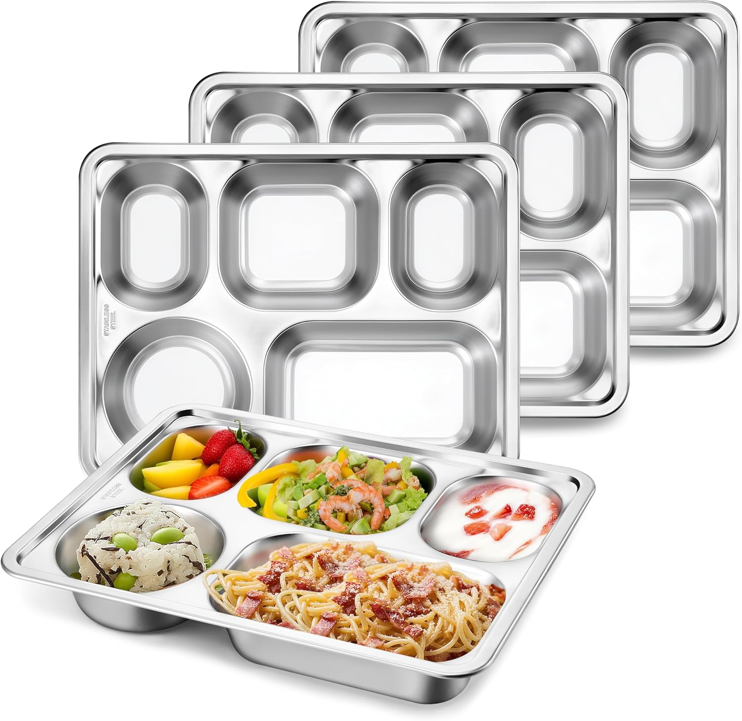 HaWare 4-Pack Stainless Steel Divided Plates Tray for Toddler Kids Adults, Rectangular Portion Control Dinner Plates with 5-Compartment, Metal Tray for Lunch Camping Dinner, Reusable Serving Platter