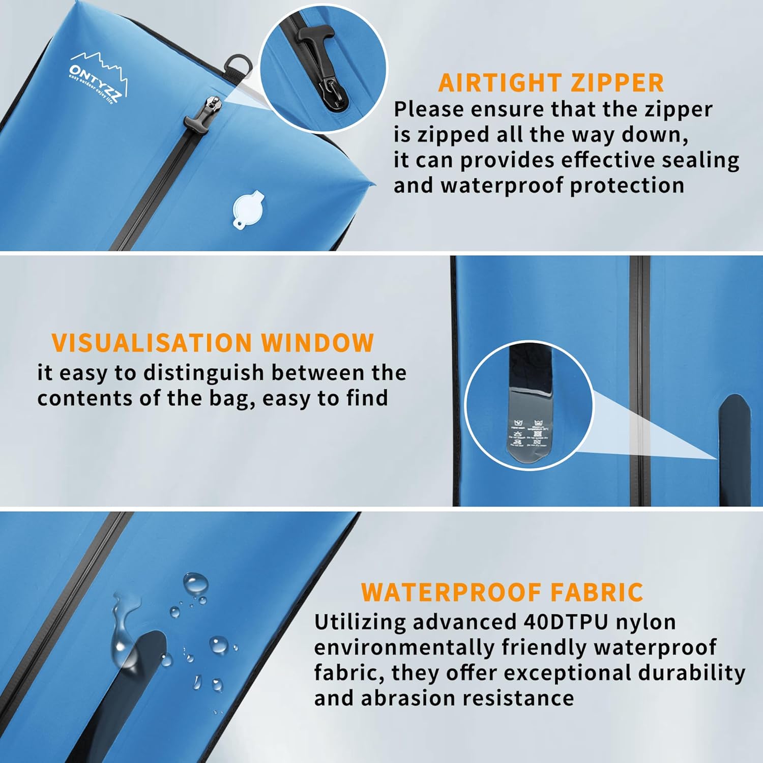 ONTYZZ Vacuum Bags for Travel, Reusable Vacuum Compression Bag, Recycled IPX8 Waterproof Space Saver Bag for Luggage/Camping/Home Storage (2 Pack with Air Pump-Blue) - Image 2