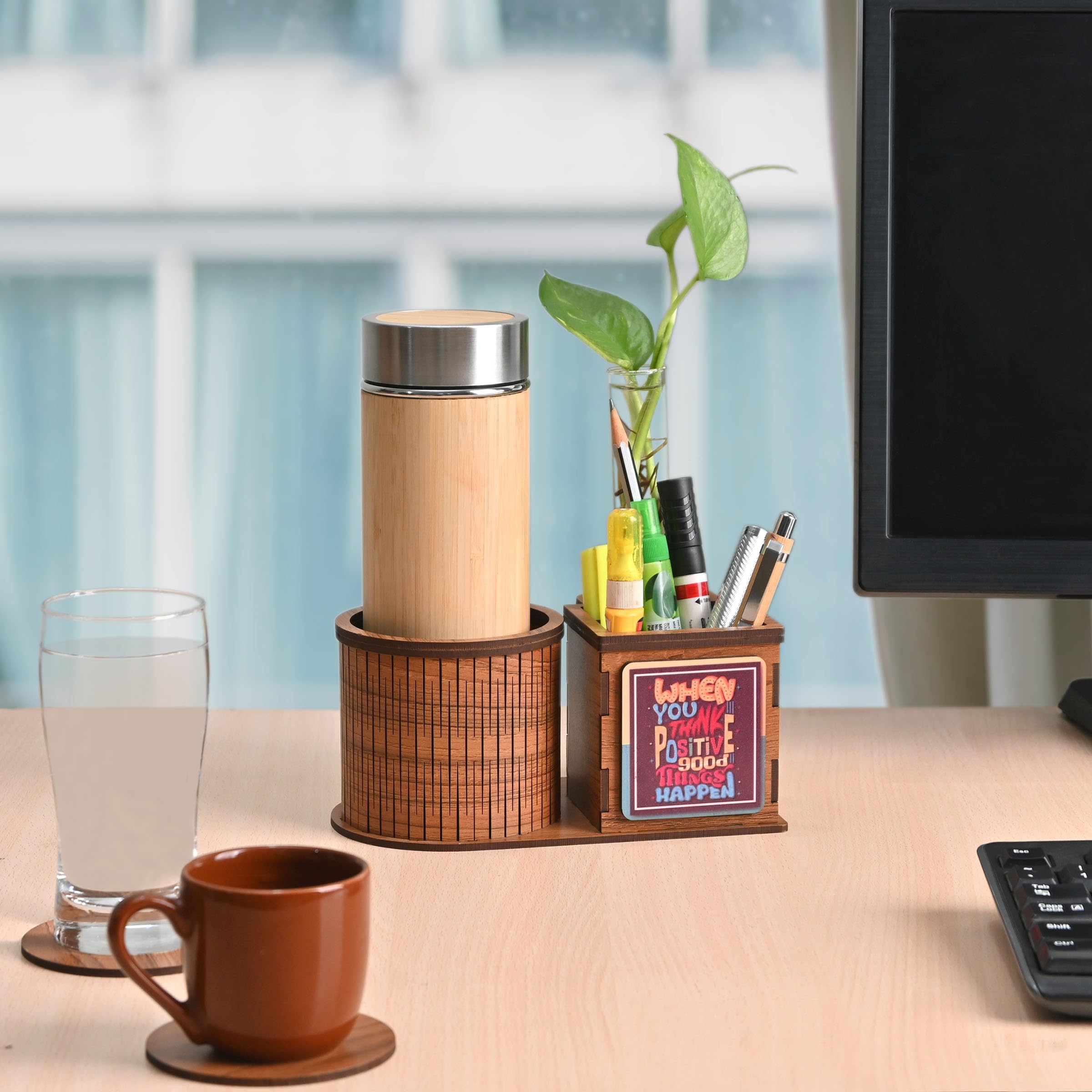 GKD Eco-Friendly Bamboo Water Bottle & Wooden Bottle Holder With Test Tube Planter, Pen Stand Perfect For Corporate Gifting Beautiful Design With Message And Coasters (Combo) (B0DC46134N) Amazon Price History, Amazon Price Tracker
