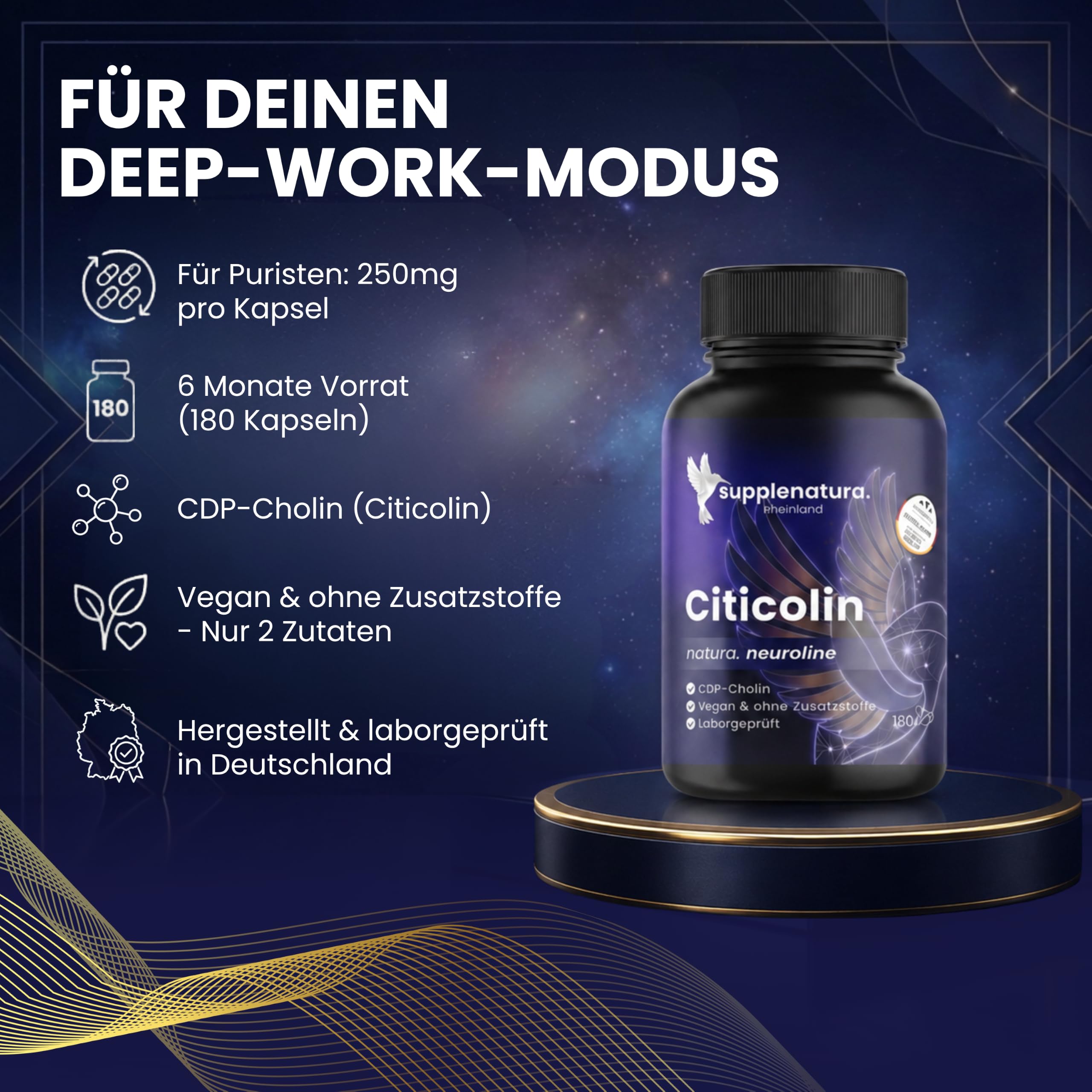 EINFÜHRUNGSANGEBOT I Citicolin (CDP Cholin) Kapseln I 250mg NEU: NEUROLINE, Laborgeprüft & ohne Zusatzstoffe, Deutsche Herstellung, Citicoline von SUPPLENATURA®