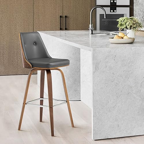 Miniatura 120 de Armen Living Jayden - Taburete de bar moderno giratorio de piel sintética gris y madera de nogal de 26 pulgadas para encimera de isla de cocina