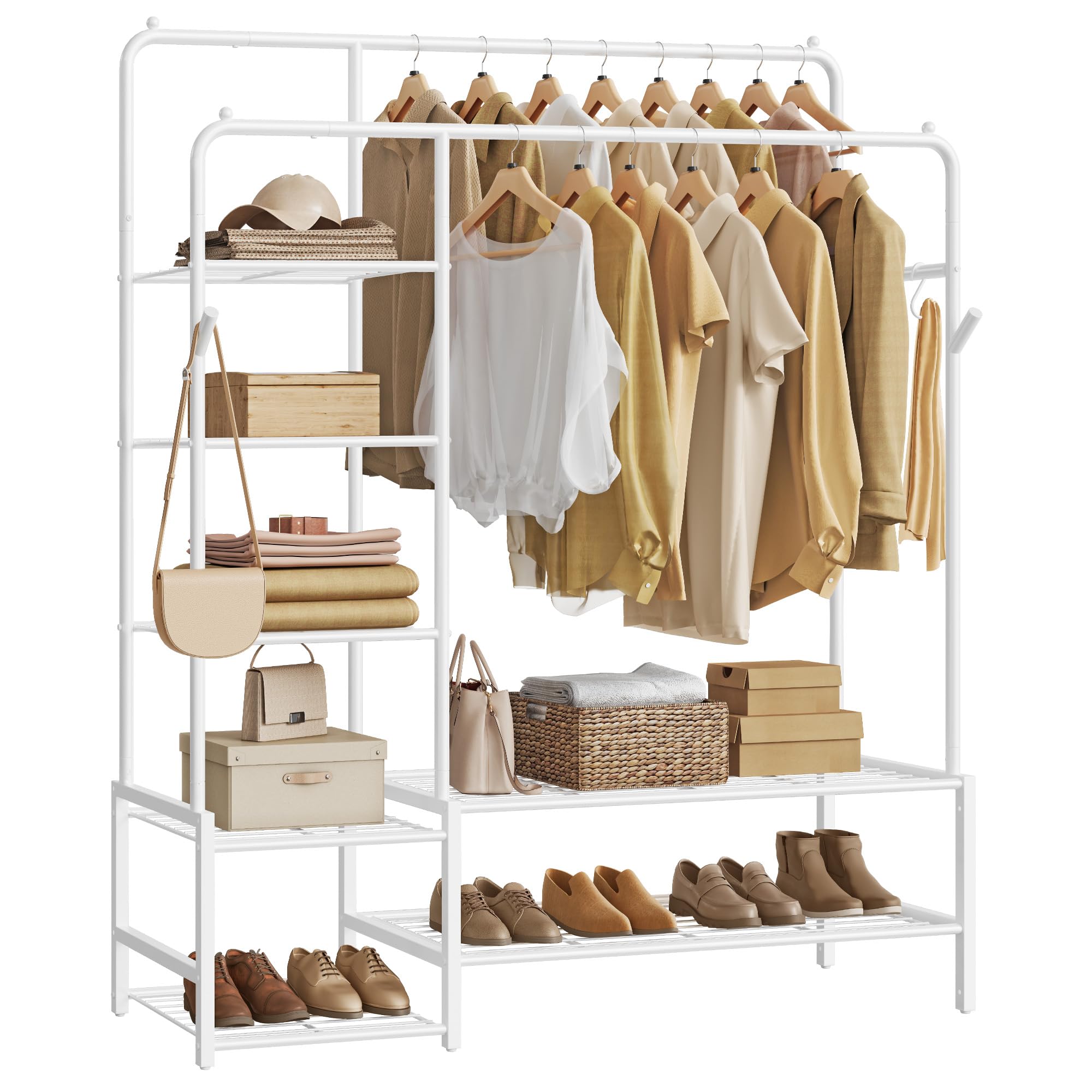 SONGMICS Kleiderständer, offener Kleiderschrank, Garderobenständer mit 7 Ablagen, Metallrahmen, Kleiderstange, für Schlafzimmer, Wohnzimmer, Eingangsbereich, weiß HSR182WG01