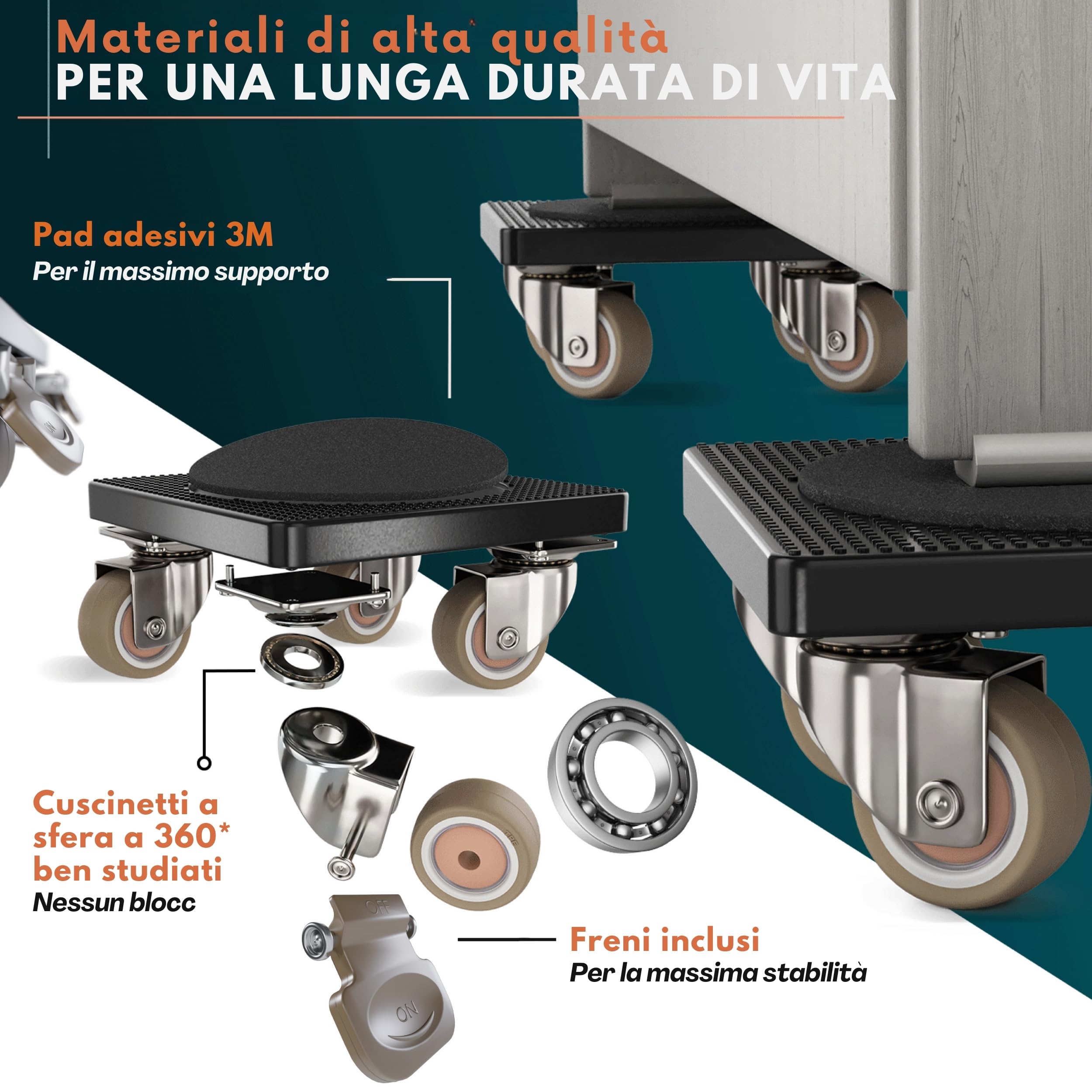 L'innovativo sollevatore mobili di FAIRMO (Con freni) - 4 ruote per mobili e 1 sollevatore mobili (incl. cuscinetti antiscivolo) - Ruote rivestite in TPE - Set con ruote per spostare mobili