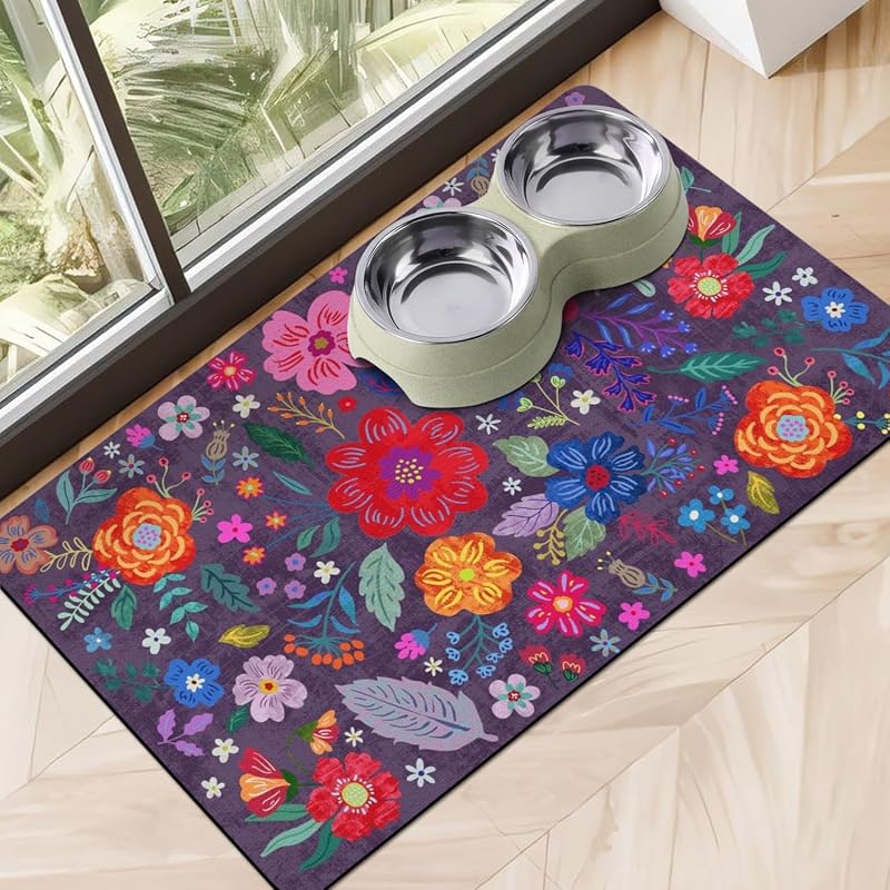 Tapete Absorvente para Comedouro e Bebedouro de Cães e Gatos Cuslnox Floral Purple-S