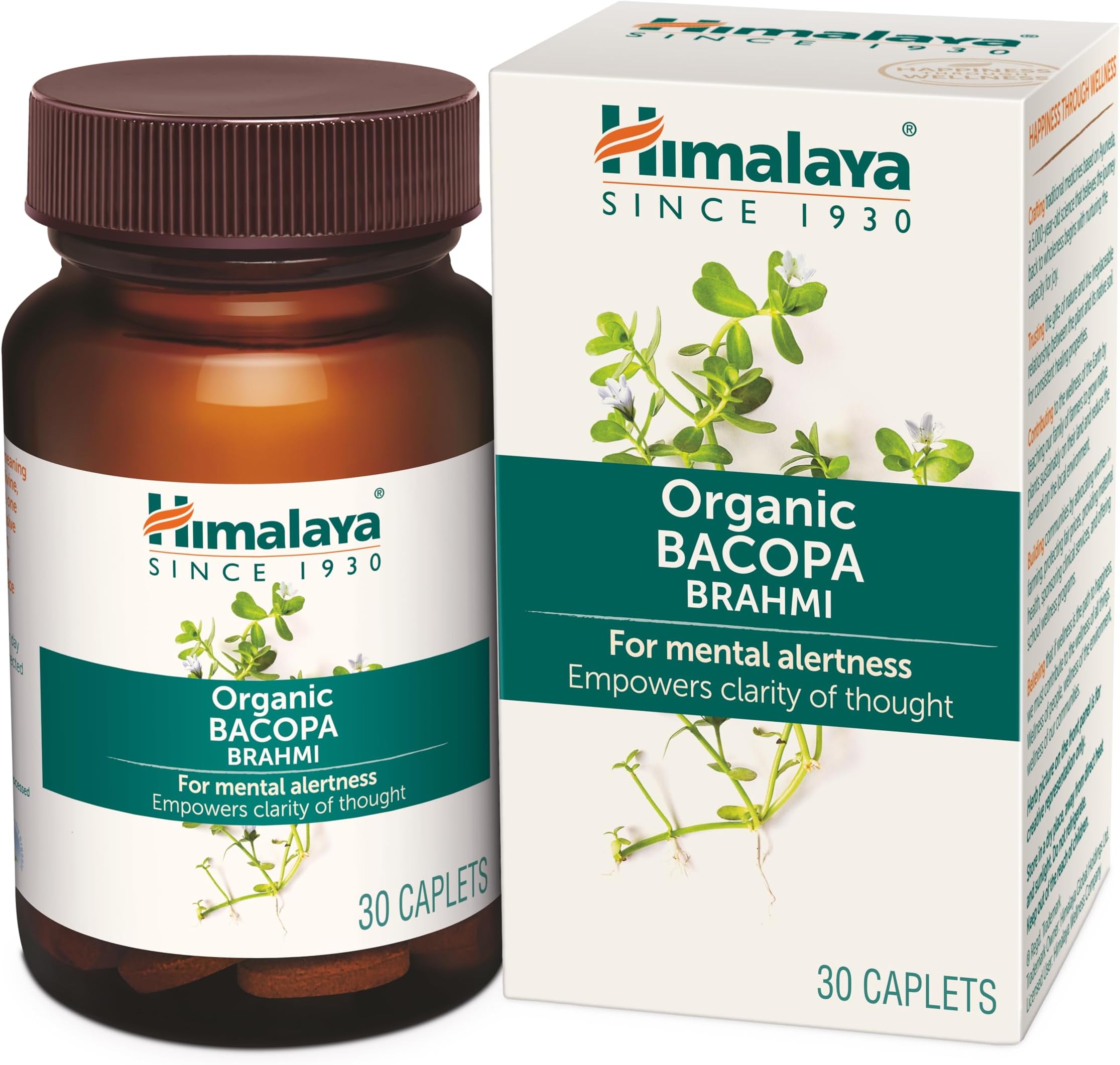 Himalaya Organic Bacopa (Brahmi) I For Mental Alertness I Improves Memory Score by 30%* I Supports Positive Mood I 100% Natural I 30 Veg Caplets,1 Count