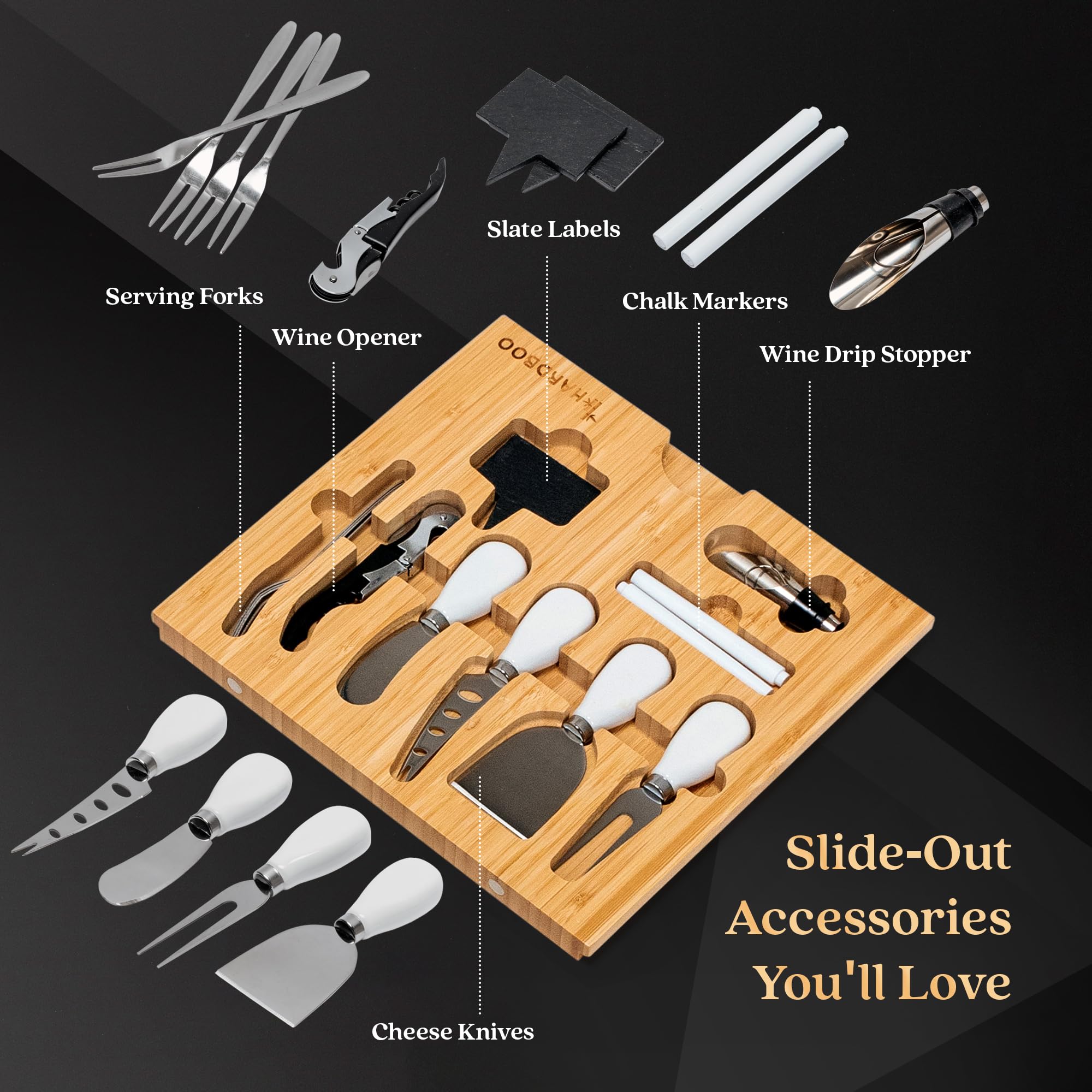 Set di 26 taglieri per salumi in bambù, 40,6 x 33 x 5,1 cm, con 4 cassetti, vassoio per frutta, ciotole in ceramica, utensili da taglio, apribottiglie per vino, accessori per piatti da formaggio