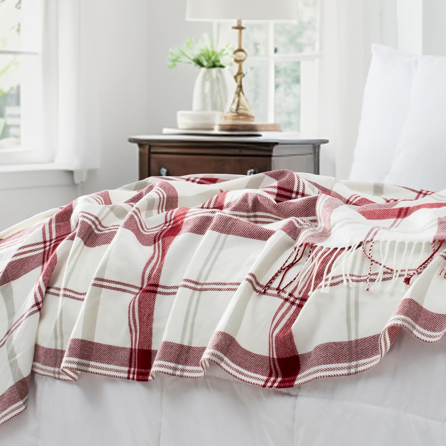 Red and White Plaid Throw Blanket for Couch,60"X80" Super Soft Cozy Warm Home Decorative Throws with Tassels for Bed Sofa Picnic - Image 6