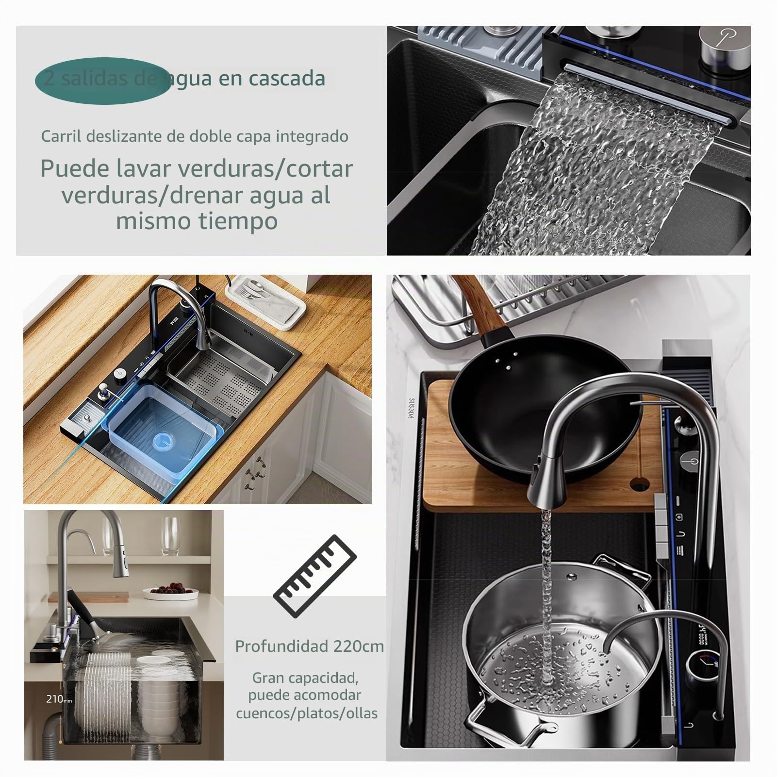 Fregadero De Cocina De Acero Inoxidable Con Grifo De Cascada Digital – Fregadero De Una Sola Cubeta De Montaje Superior, Grifo Extraíble Multifuncional, Dispensador De Jabón Y Juego(Black-Grey#2,68x45