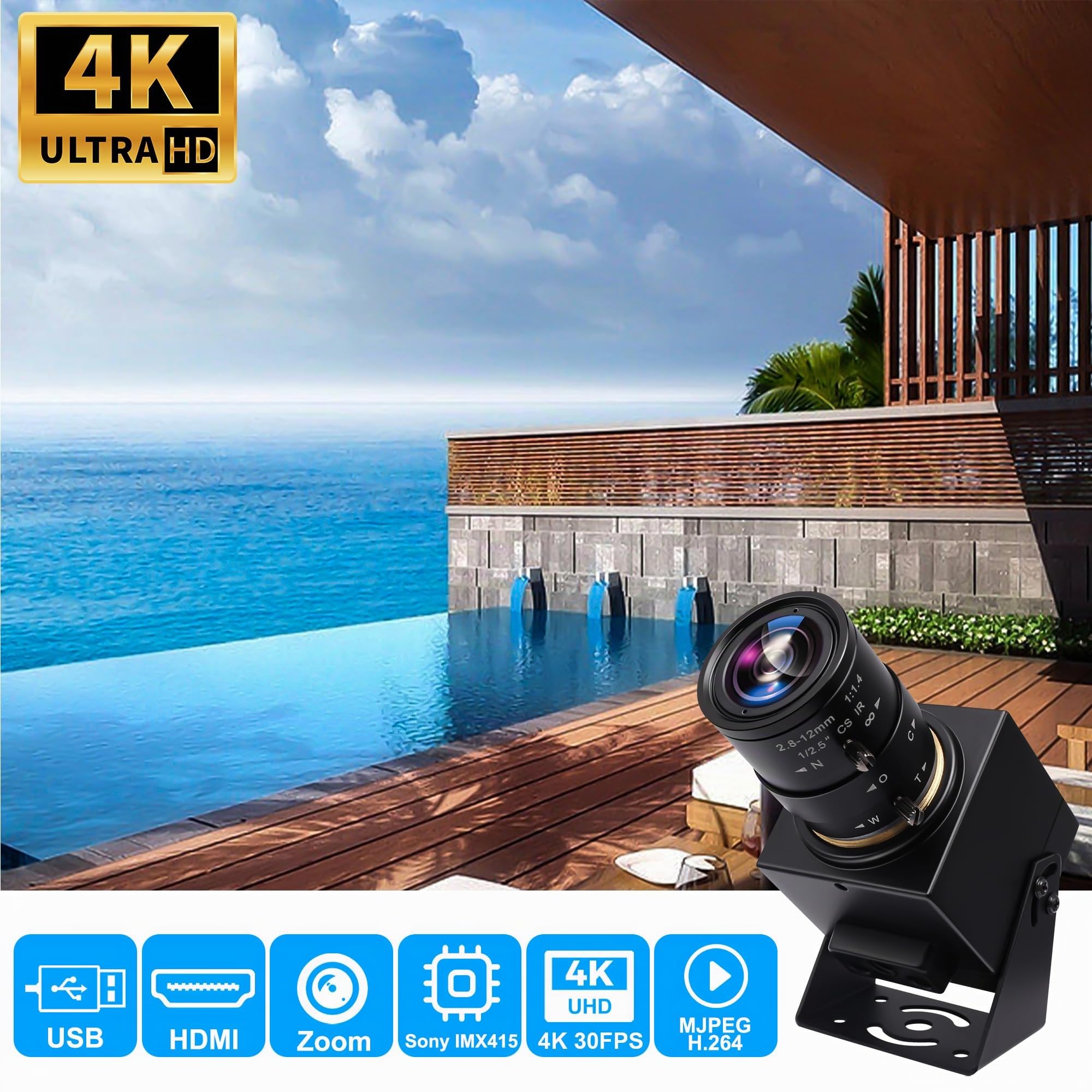 SVPRO Webcam 4K - Doppia interfaccia HDMI/USB, zoom manuale, obiettivo CS da 2,8-12 mm per close-up, fotocamera industriale CMOS IMX415 per visione artificiale