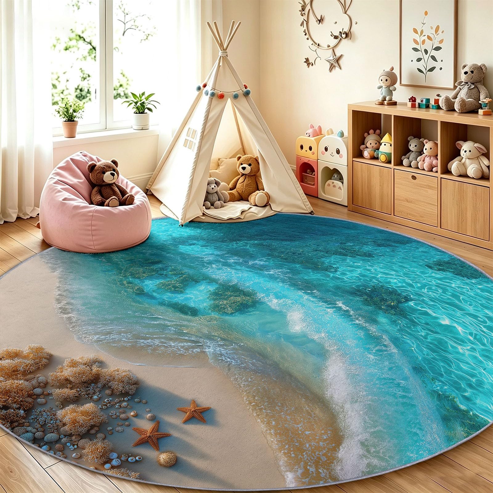Generisch Rund Teppich 140 cm Küste Strand Kurzflor Waschbarer rutschfest