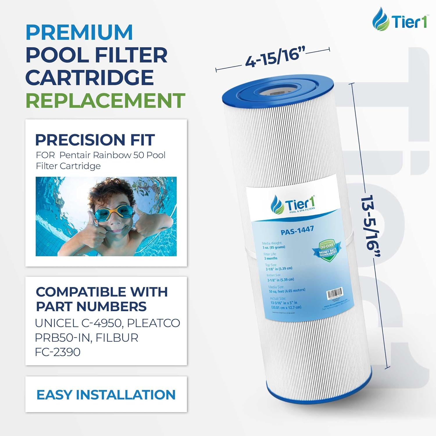 Tier1 Replacement for Pentair Pool Filter Cartridge PRB50-IN – 2 Pack | Compatible with R173434, Unicel C-4950, Pleatco PRB50-IN, FC-2390 | 13-5/16" x 4-15/16" | Trilobal Fabric | Washable Cartridge