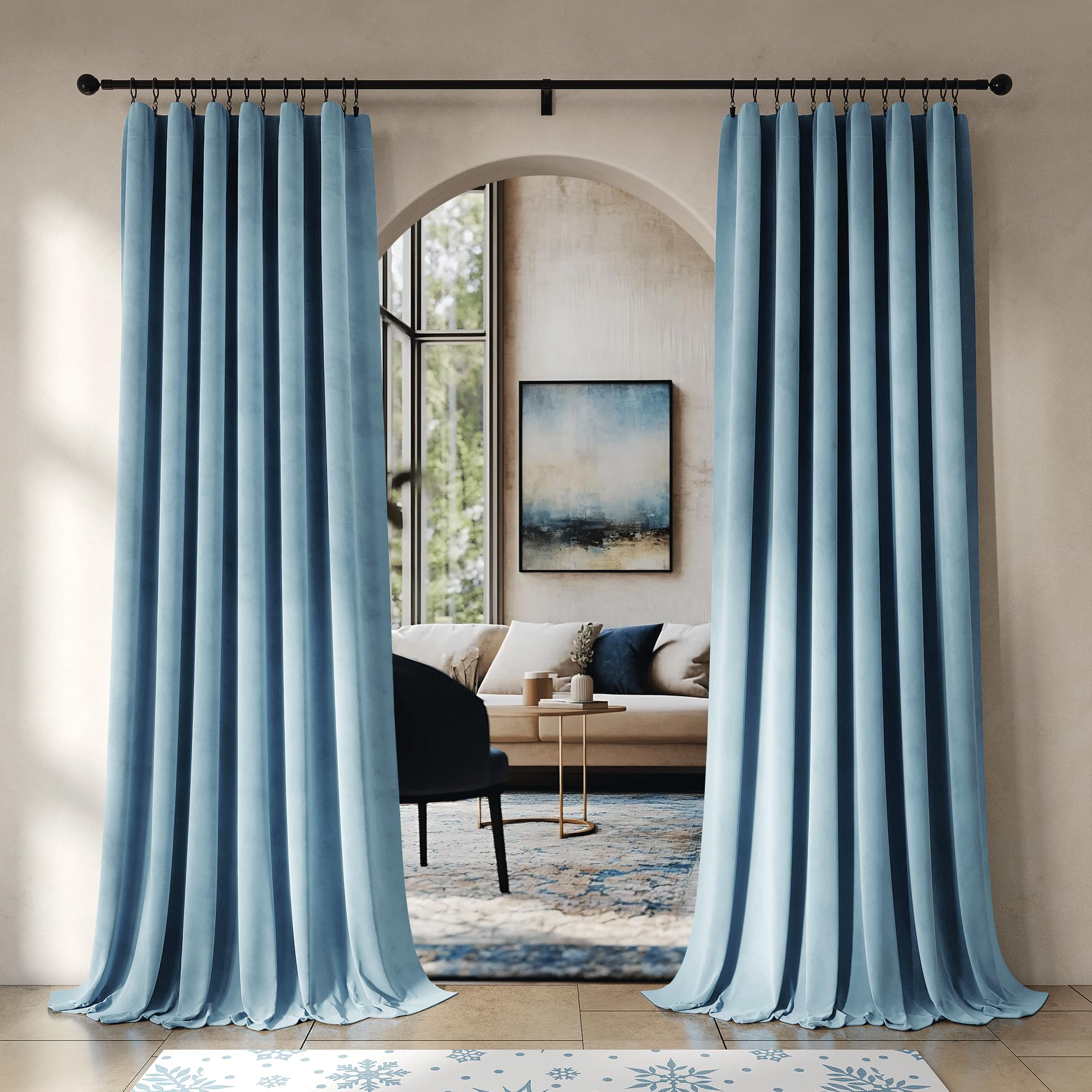 Beauoop Lake Blue Velvet Curtains 96 Inches Long 2 Panels for Bedroom Living Room Soft Luxury Room Darkening Thermal Insulated Soundproof Rod Pocket