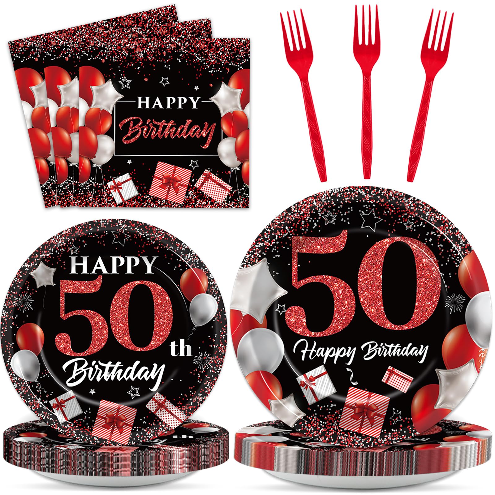 gisgfim 96 Pcs 50th Birthday Plates and Napkins Party Supplies 50 Years Old Birthday Party Tableware Set Red Black Dinner Dessert Plates 50th Birthday Decorations Favors for Man Women for 24 Guests