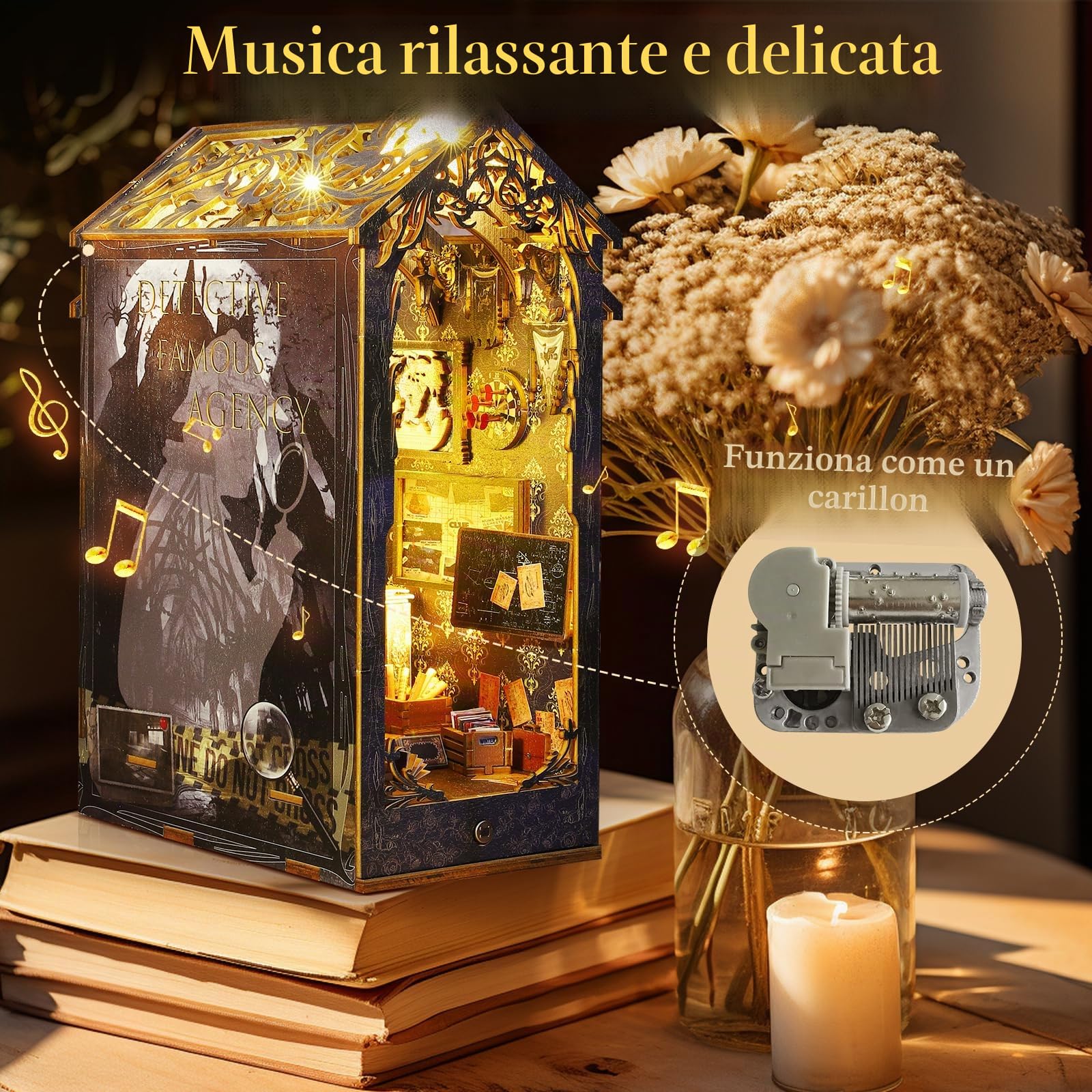 Kit angolo libri per casa delle bambole, kit angolo libri in miniatura fai da te con luci a LED, kit di costruzione di modelli in legno per casa delle bambole