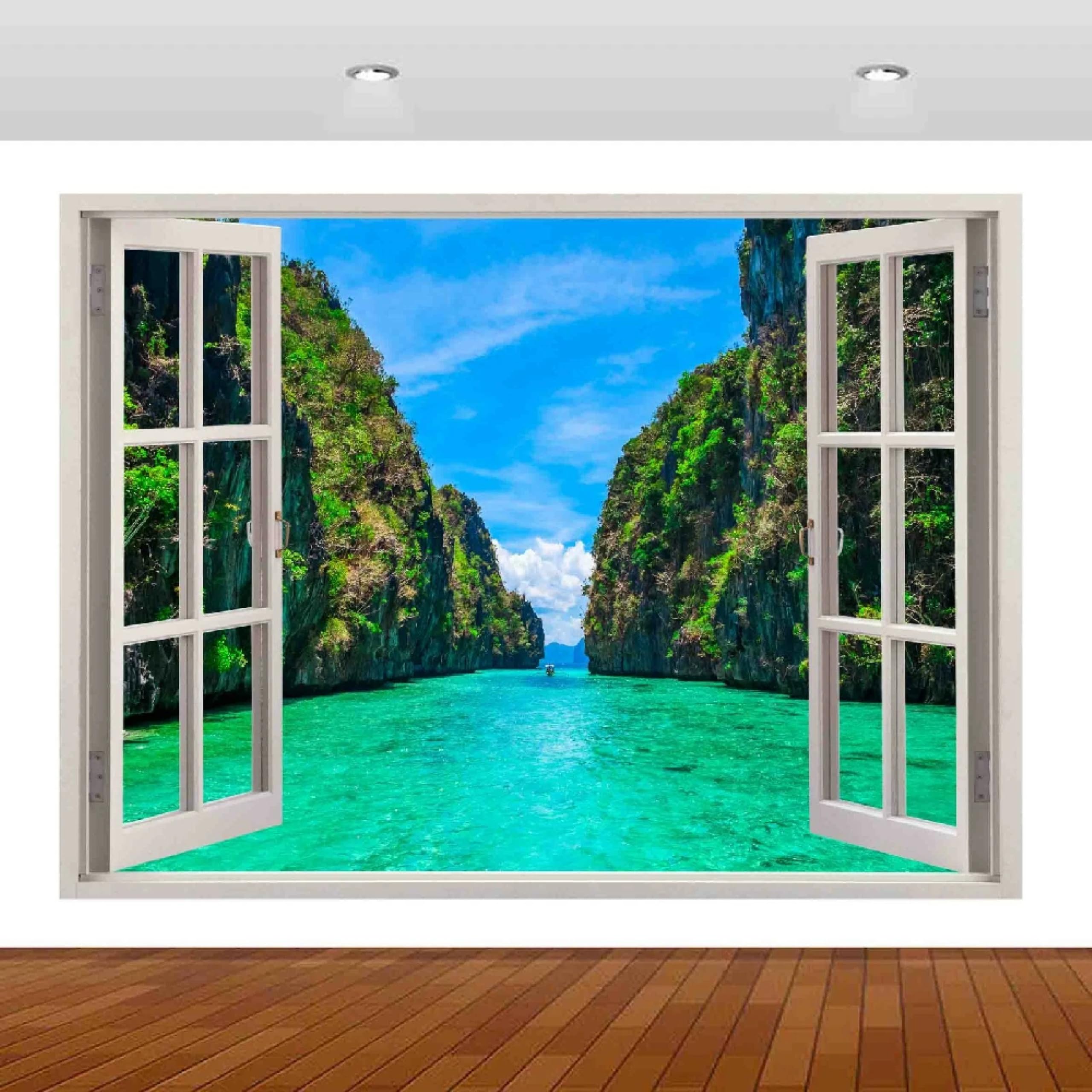 Adesivi decorativi da parete 3DPaesaggio Montano Del Lago Adesivi murali Decalcomanie murali 3D fracassate Wall Vinyl Family for Camera da letto Soggiorno Nursery Home Wall Décor 58x101cm