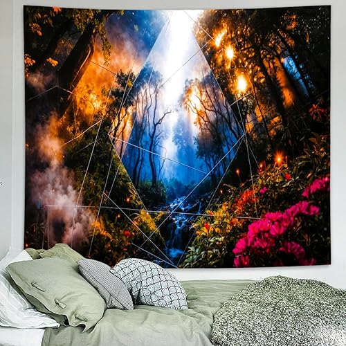 Miniatura 8 de Delur Tapiz de bosque con árbol de la vida, paisaje natural, tapiz para colgar en la pared, colorido tapiz místico, psicodélico espiritual cabecero,