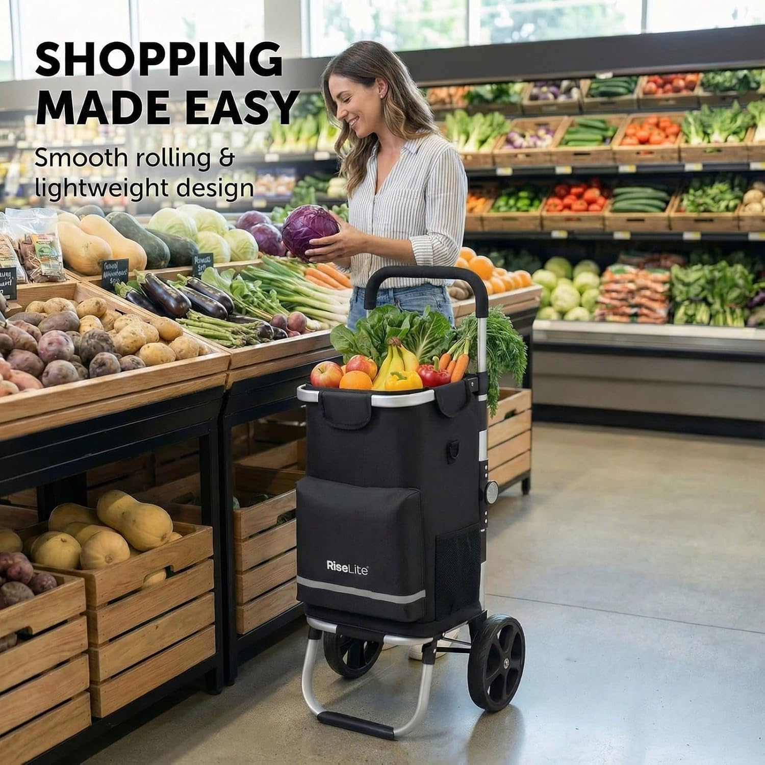 Lightweight Shopping Cart with Wheels, Foldable Grocery Trolley for Supermarket & Teachers, Rolling Utility Crate with Insulated Cooler, Adjustable Handle, 110 lbs