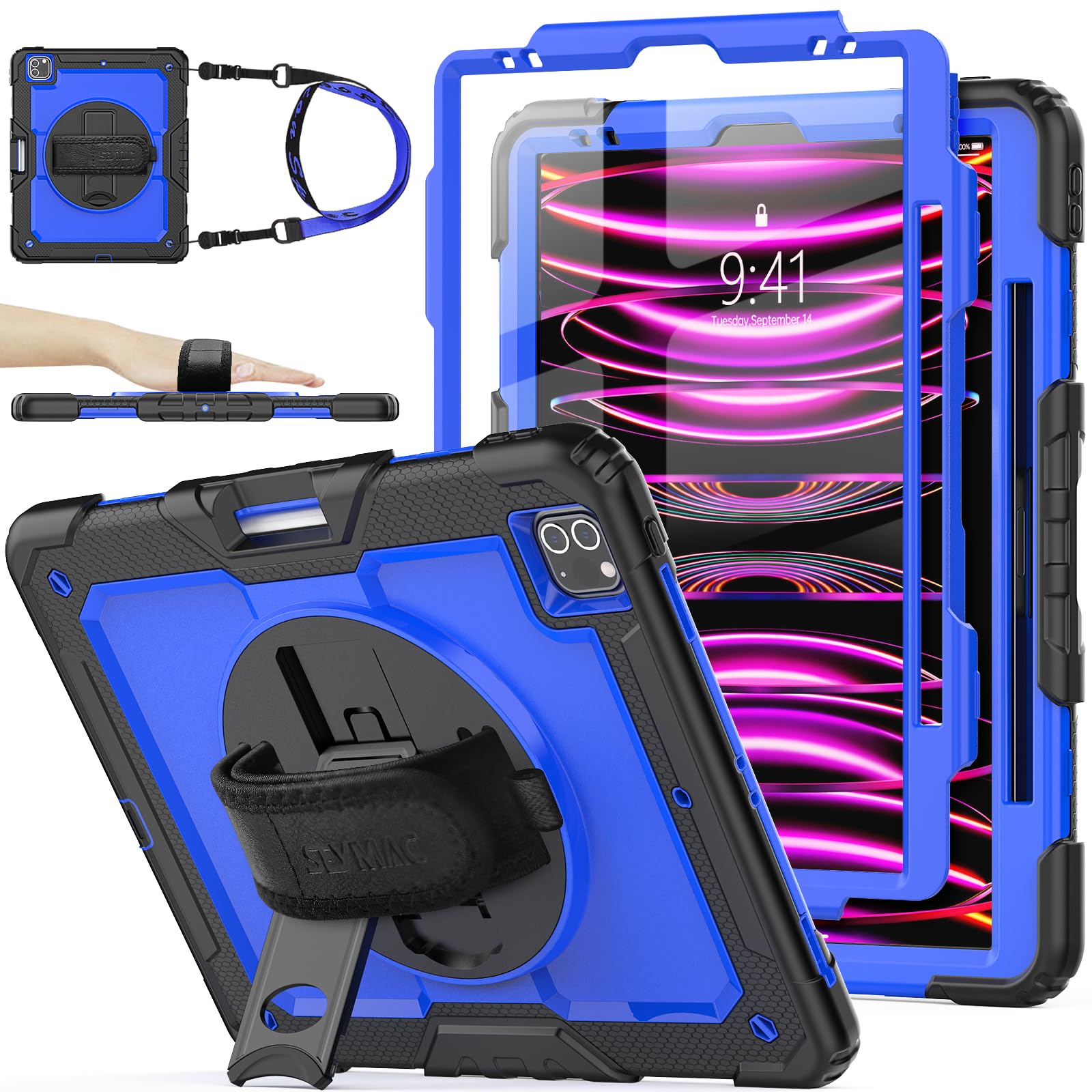 SEYMAC stock Case for iPad Pro 12.9'' 2022/2021/2020/2018 with Screen Protector 360 Rotating Stand Hand Strap, Drop-Proof Case for iPad Pro 12.9''(6th