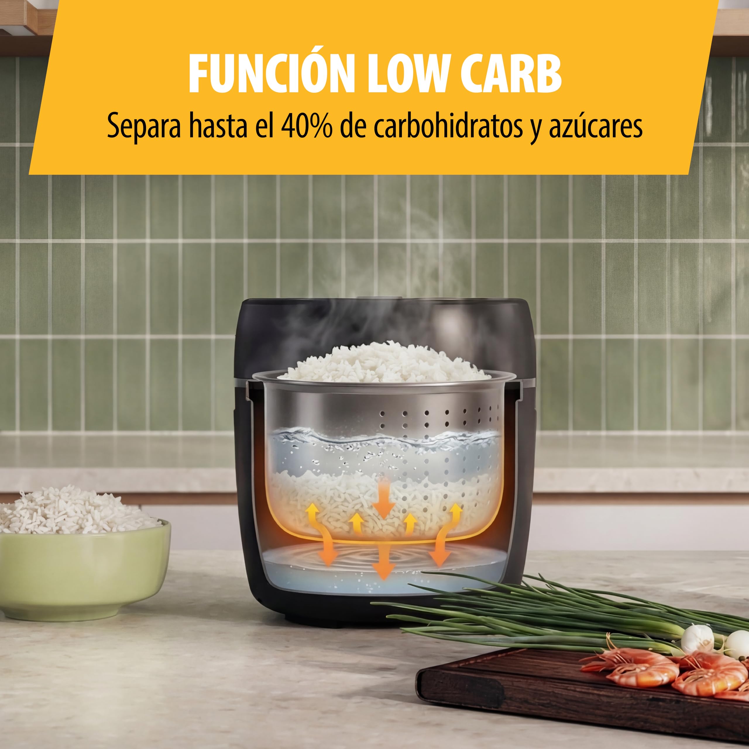 Tristar Arrocera Digital con Función Low Carb, 8 Programas Automáticos, Capacidad de 0,6 L de Arroz, Panel Digital, Fácil de Limpiar, RK-6238