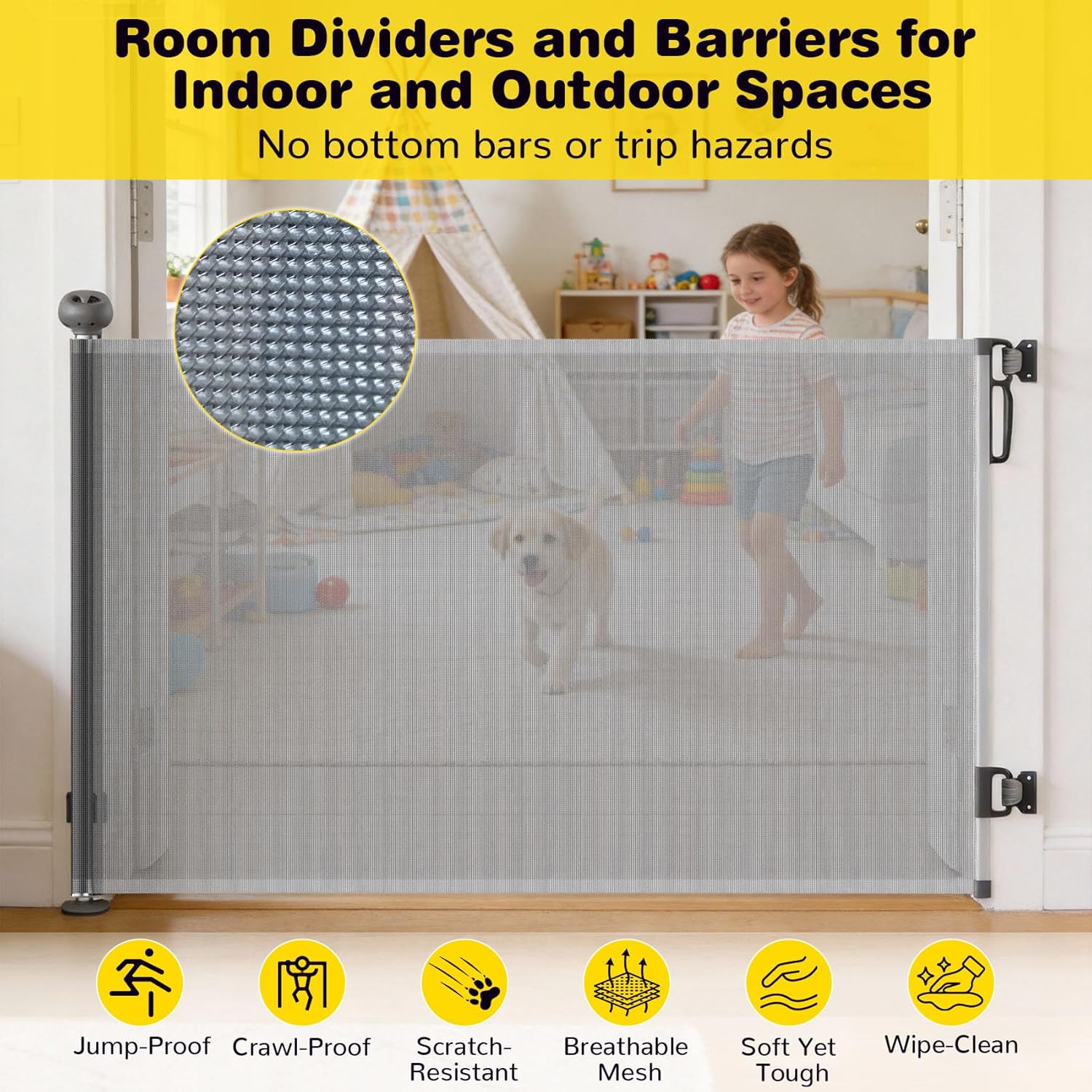 Scalable Safety Door, pet/Dog/cat Temporary Door, Baby Safety gate, mesh Soft Material, Expands to 71" Wide, Suitable for Stairs/doorways/corridors/terraces(Grey,33.5"x71")