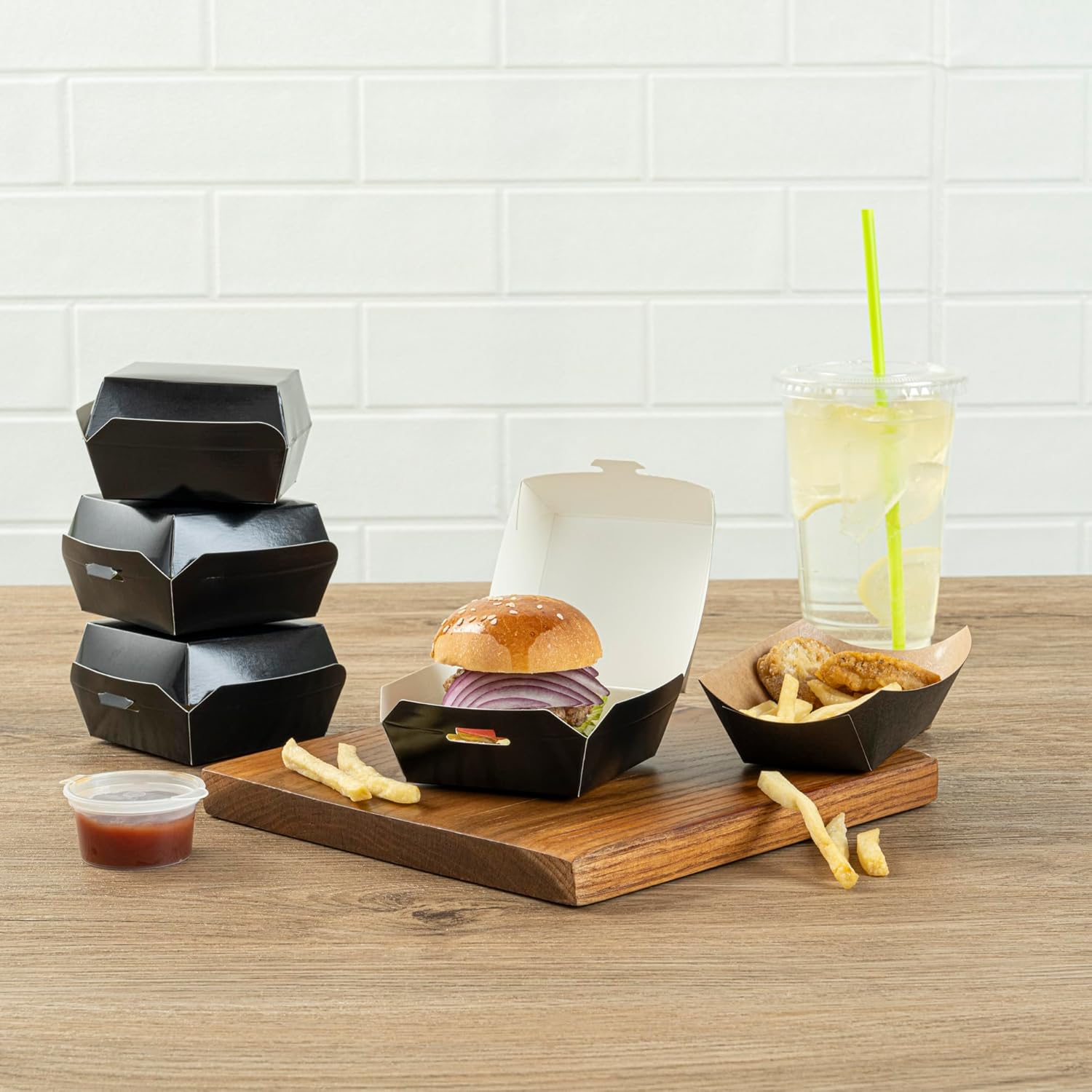 Restaurantware 2.8 x 2.8 x 2 Inch Mini Burger Boxes 100 Clamshell Food Containers - Hinged Lid Disposable Black Paper Take Out Boxes For Appetizers Or Desserts Serve Sliders or Finger Foods