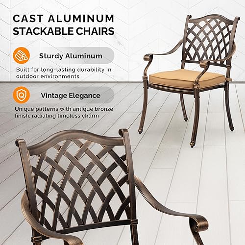 Miniatura 4 de VINGLI Juego de 2 sillas de patio apilables de aluminio fundido para exteriores con acabado de bronce vintage y patrón de diamante, sillones de