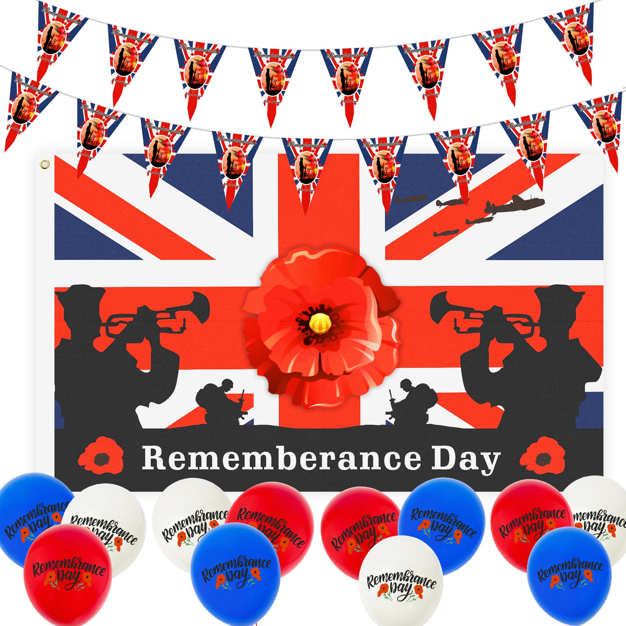 Remembrance Day Decorations Lest W Forget Flag Remembrance Day Poppy Flag 5 x 3ft Remembrance Day Flag Banner Bunting Heroes Soldiers Armed 100D Polyester Flag Poppy Flowers Remembrance Day Balloons