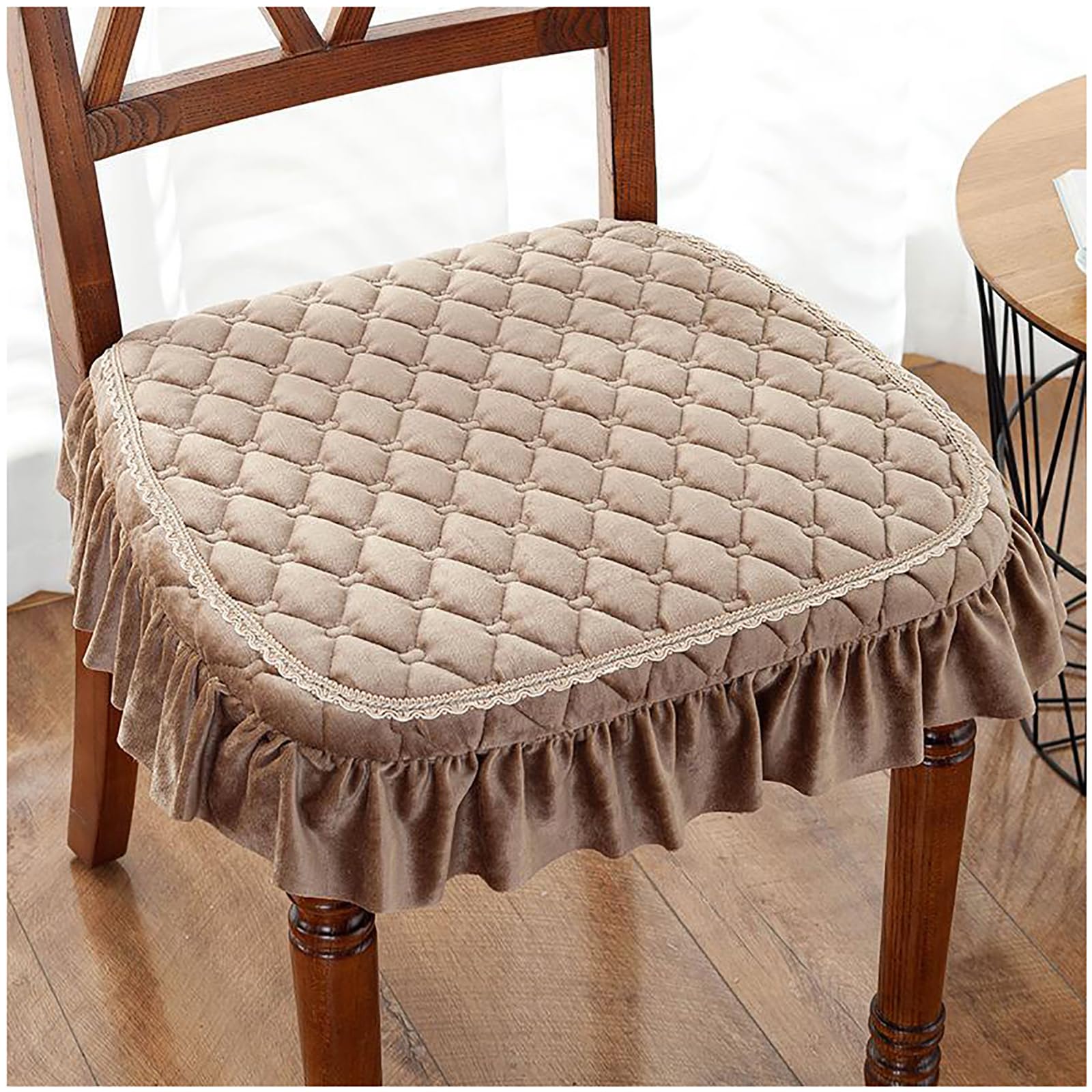 ZTGL Luxury Decorative Chair Cover for Dining Chair Office Chairs, Non Slip European Seat Cushion Thicken Chair Pad with Ties, Square Chair Covers with Lace Ruffle,A2,4 Pack