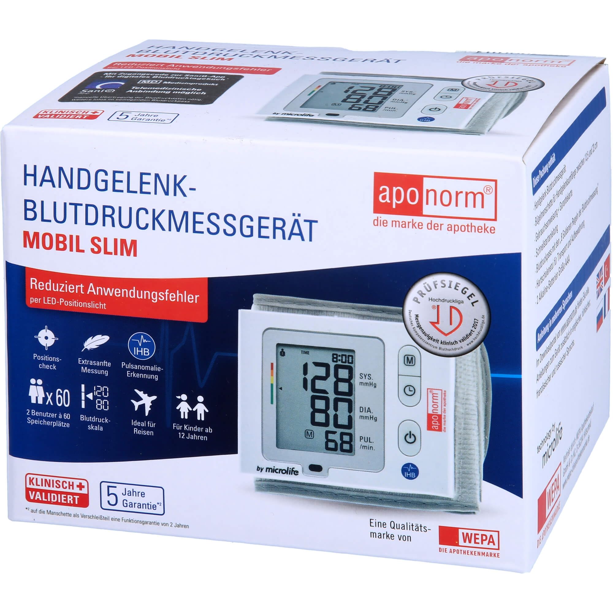 Aponorm Handgelenk Blutdruckmessgerät Mobil Slim, 1 St. Blutdruckmessgerät