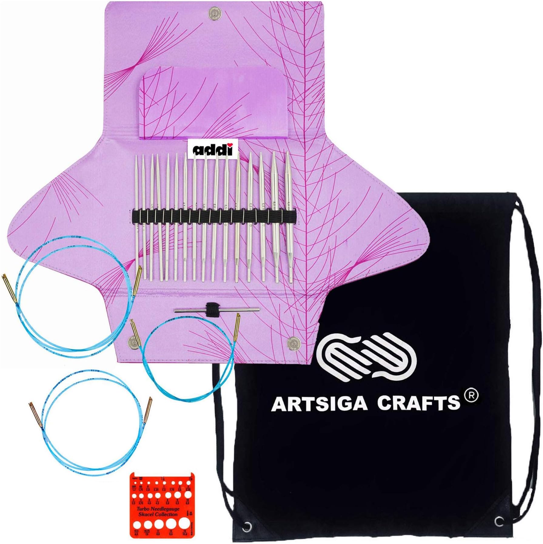 addiClick Rocket Lace Standard 5-Inch Interchangeable Circular Knitting Needle Set Sizes US 4, 5, 6, 7, 8, 9, 10 and 11, 3 Blue Cords, Pink Canvas Case with Project Bag