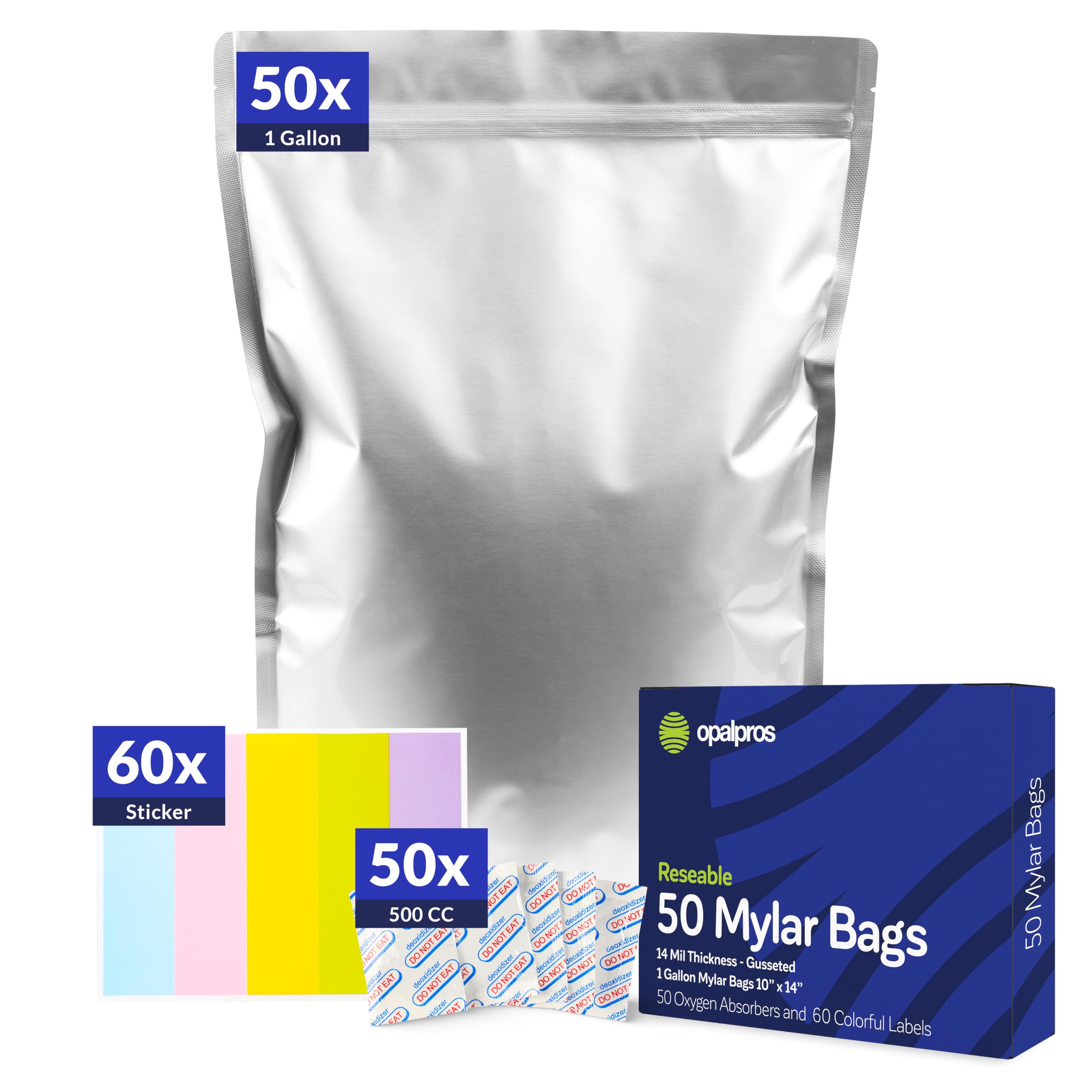 50-Pack 14 Mil Mylar Bags with Oxygen Absorbers, Gusseted 1 Gallon with 500cc OA - Resealable Mylar Bags for Food Storage with Colourful labels