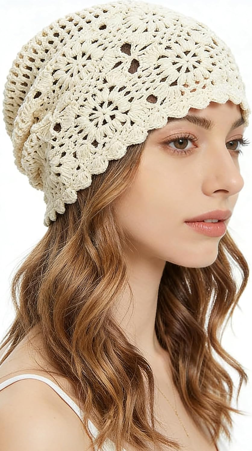 Crochet Hat for Women Cotton Slouchy Beanie Knitted Handmade Skull Cap for Summer Travel Daily Wear