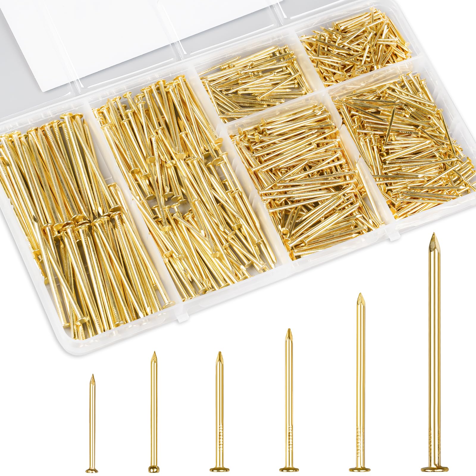 KURUI Gold Picture Hanging Nails Assortment Kit, 700 Pcs Wall Hanging Set for Frame Art Photo, 6 Sizes Brass Small Framing Nails Assorted Kit