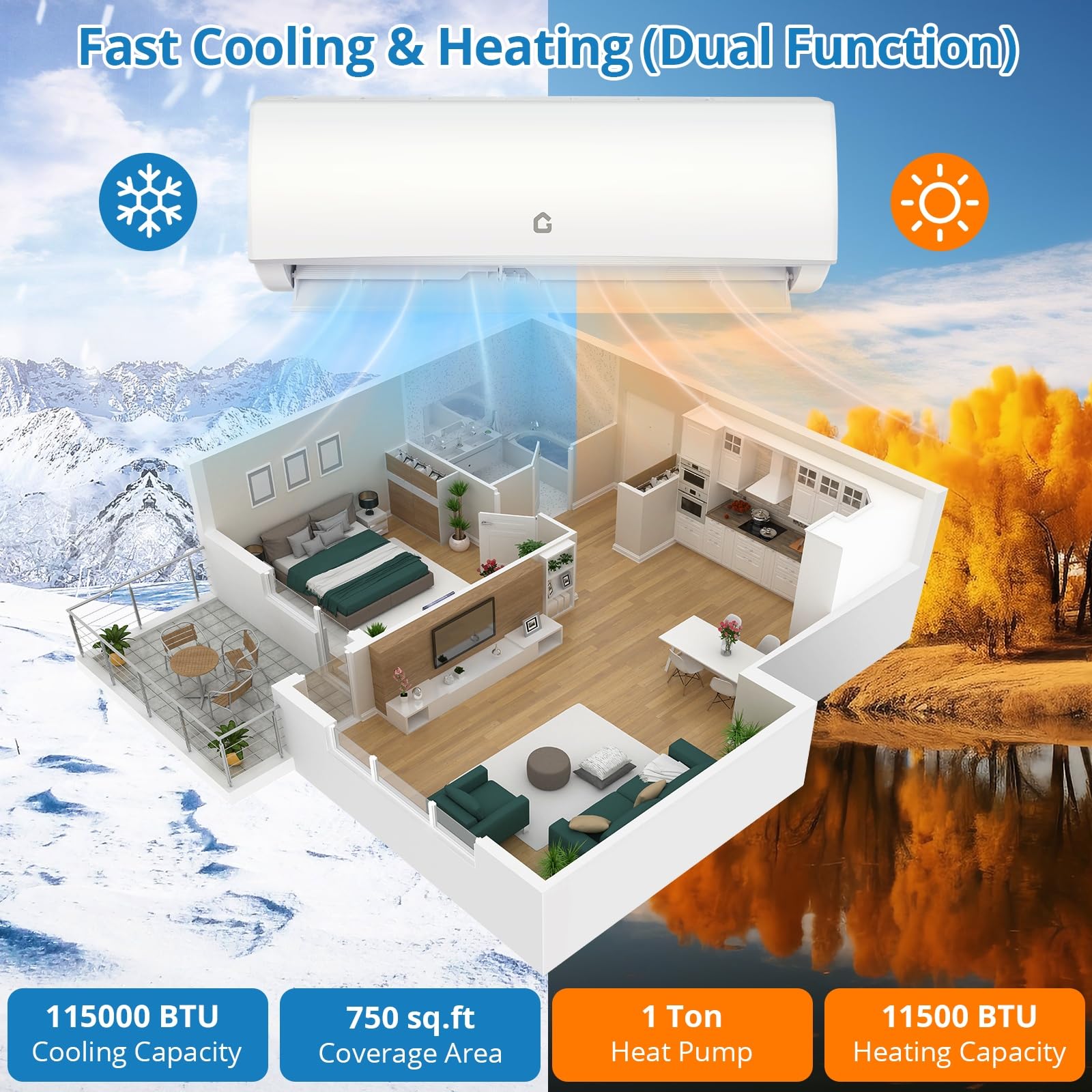 Garvee 11500 BTU Mini Split AC/Heating System, 115V WIFI Enabled Energy Efficient Mini Split Unit,Wall-Mounted Split Air Conditioner,Cools Up to 750 Sq.Ft, Heat Pump & Installation Kits - Additional View