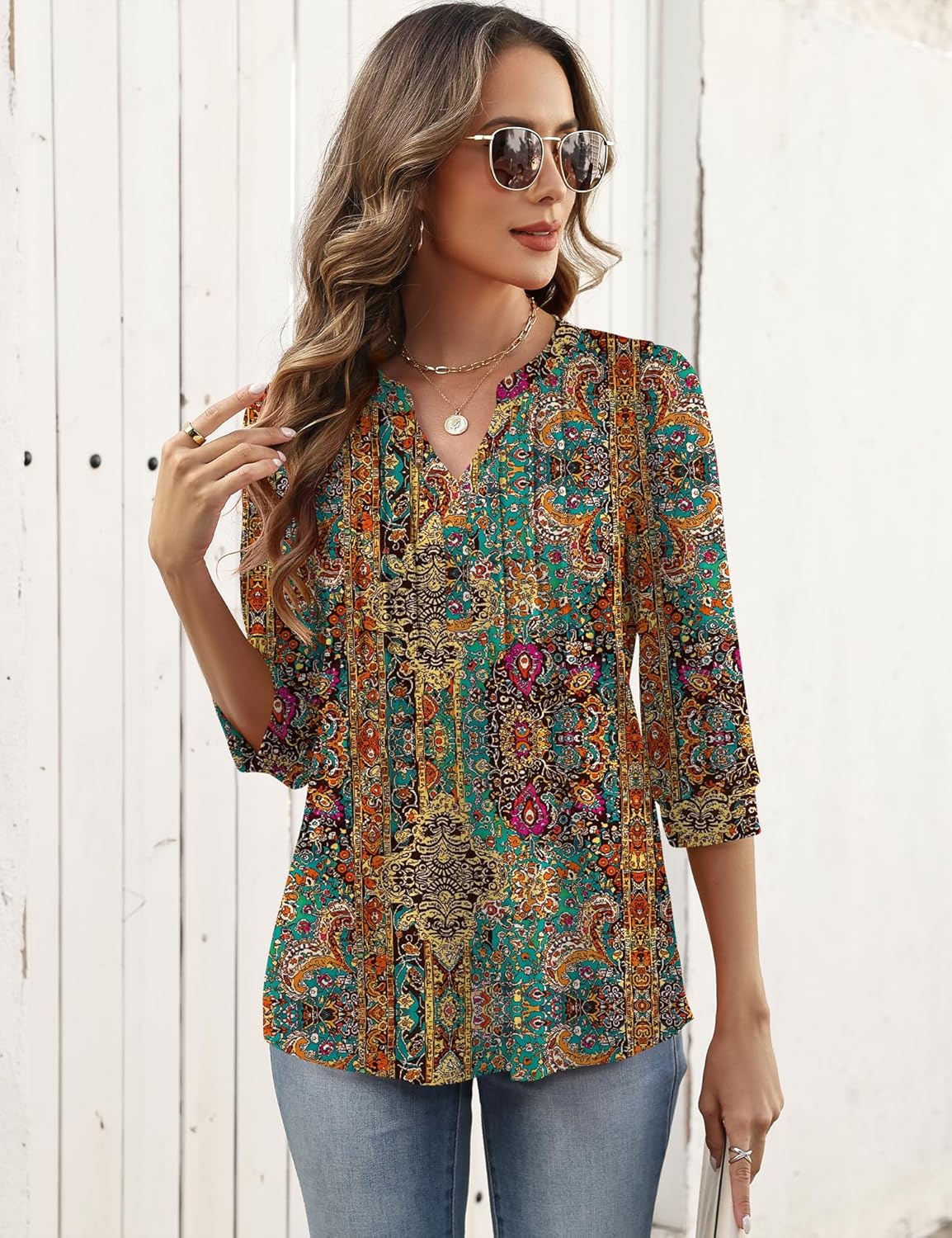 LOMON 3/4 Length Sleeve Womens Tops Pleated Puff Sleeve V Neck Work Blouses for Women Dressy Casual Spring Summer Clothes