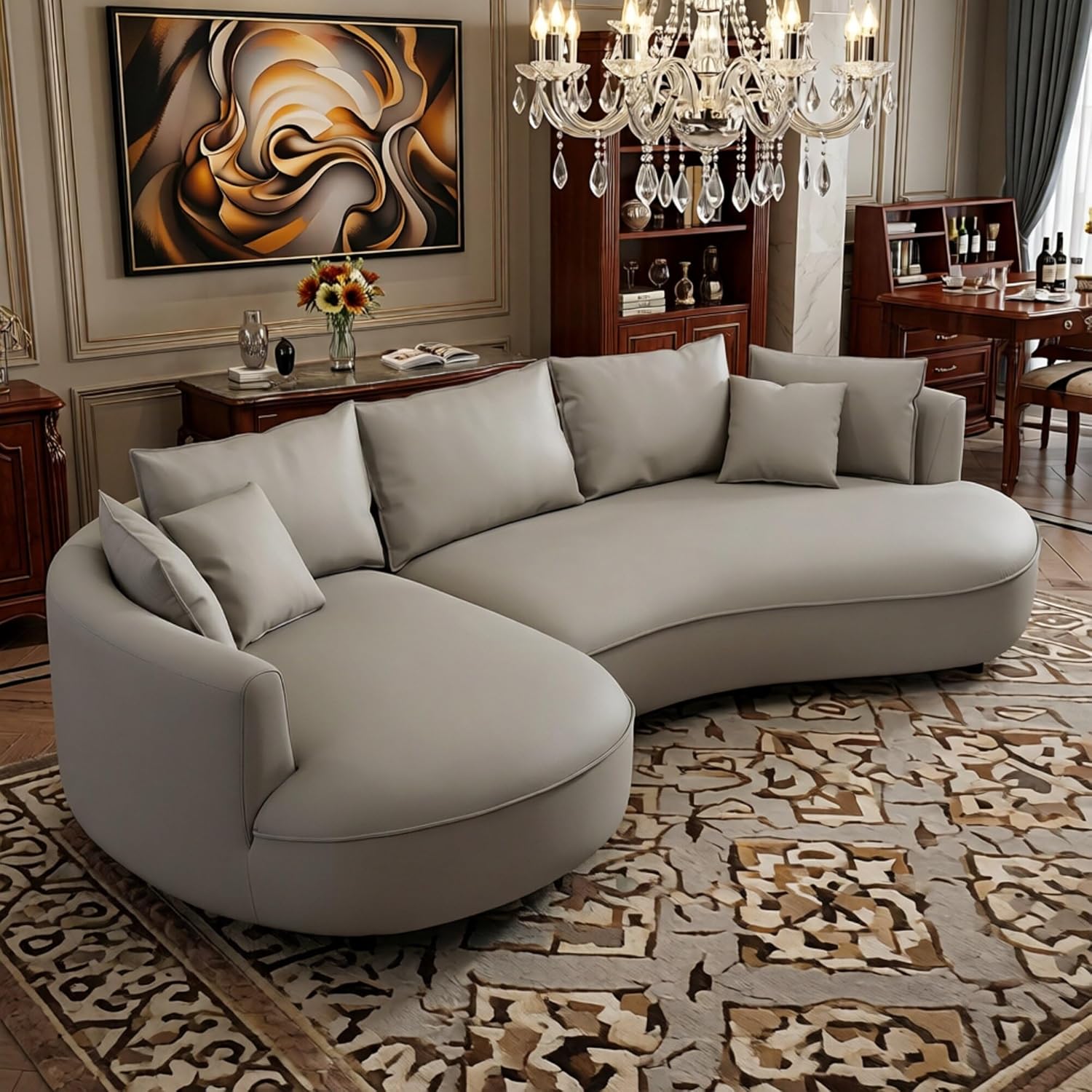 L Shape Curved Sectional for Living Room, Bonded Leather Upholstered Furniture Sofa, Round Couch with semicircualr Chaise,Light Grey | curve design