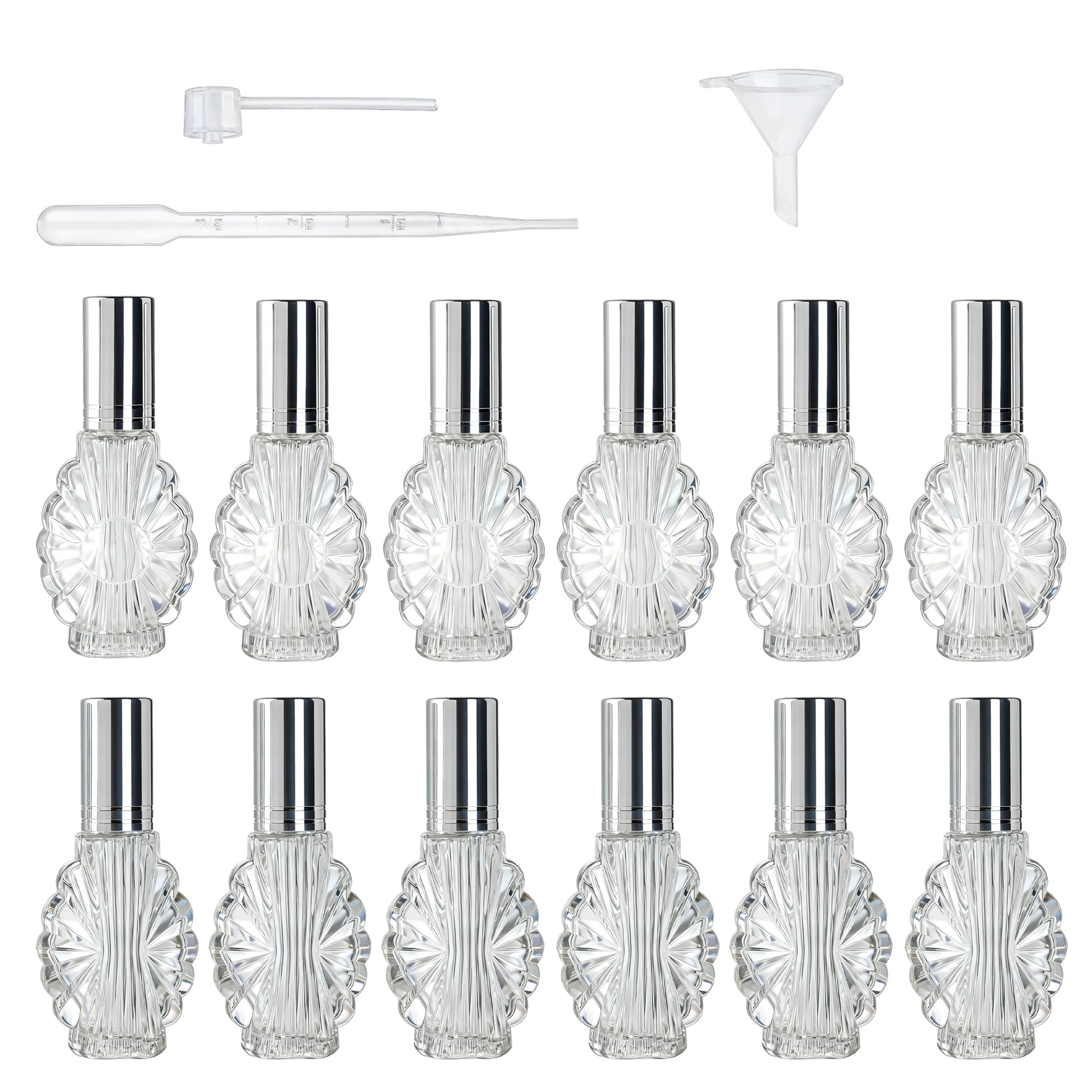 12 botellas de perfume de vidrio con embudos y pipetas para muestras recargables