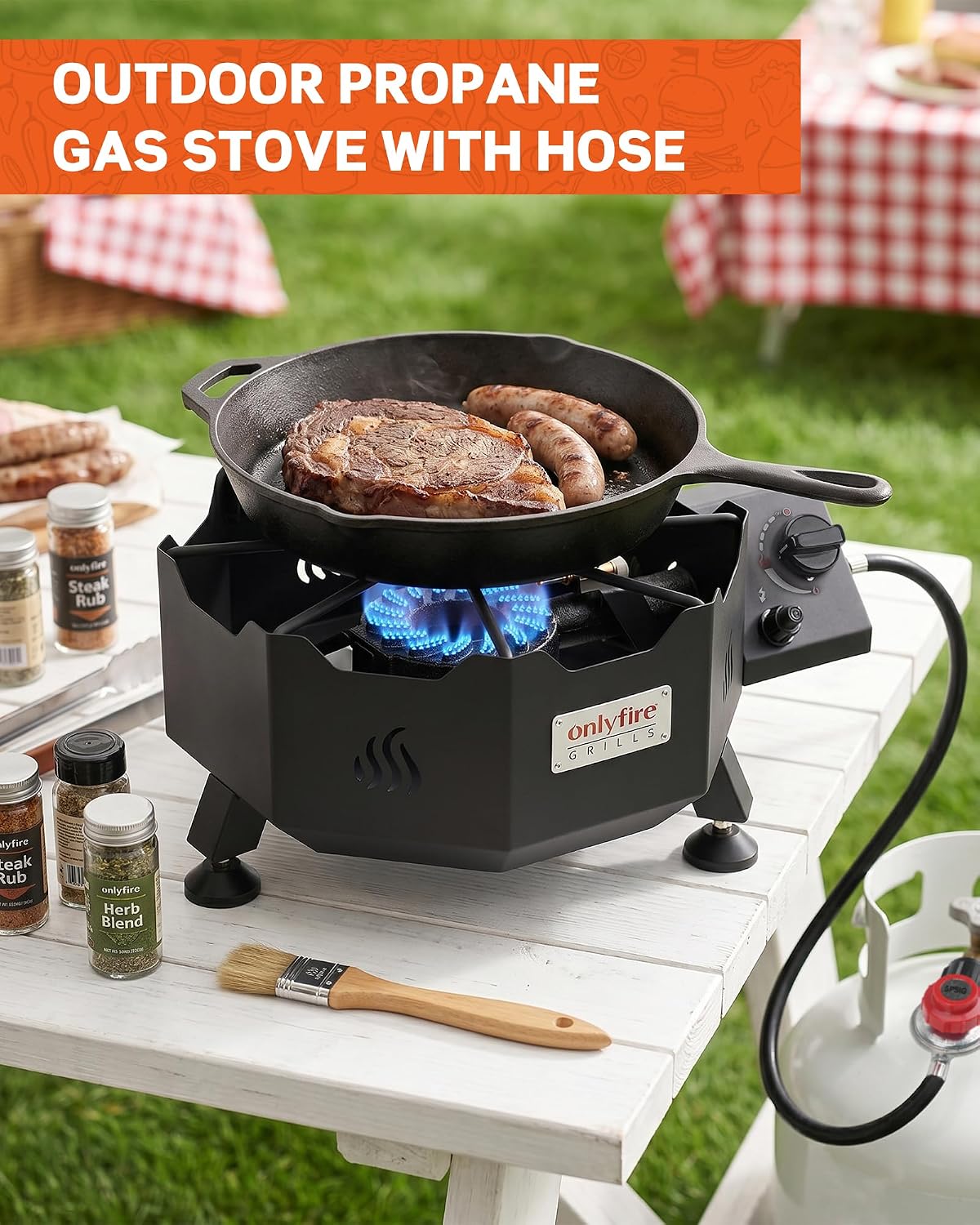 ONLYFIRE GRILLS Tabletop Gas Burner, Propane Camping Stove with Hose, GS366