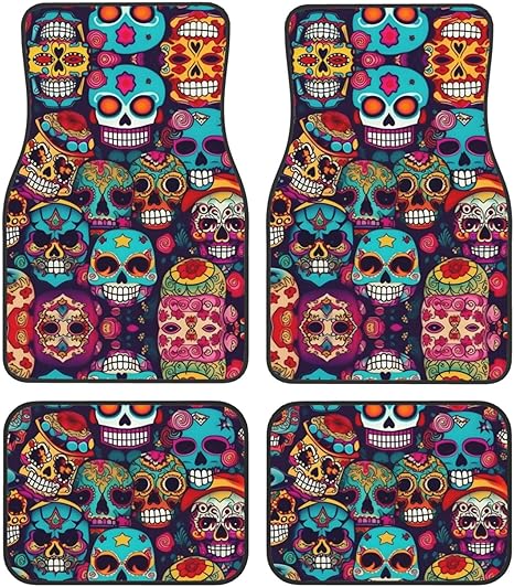 Sugar Skulls Print Universal Car Mats 4 Piece Set,Car Floor Mats for SUV,All-Weather Auto Floor Mats for A Cleaner