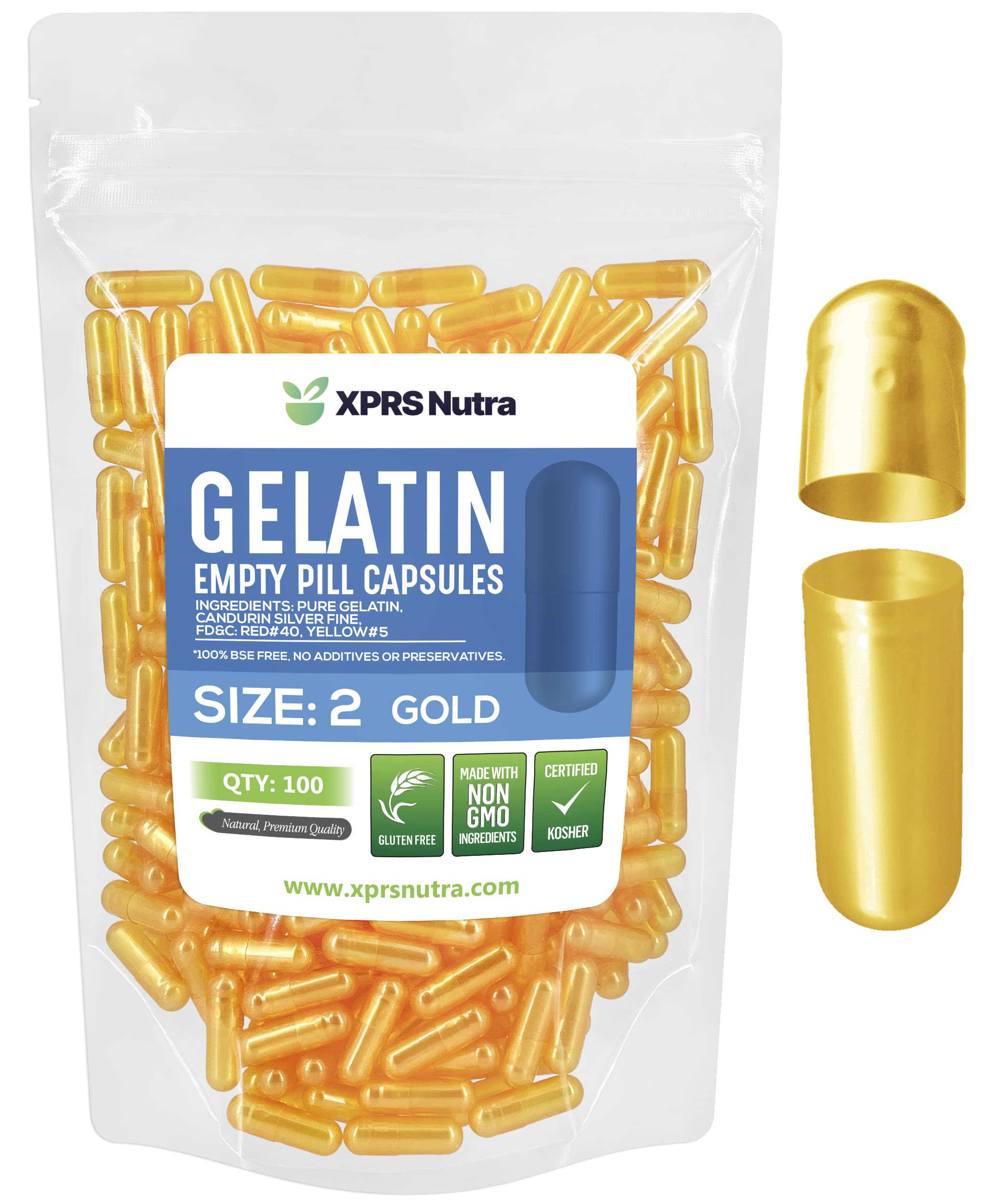 XPRS Nutra Size 2 Empty Capsules - 100 Count Empty Gelatin Capsules - Pills DIY Capsule Filling - Pure Bovine Pill Gel Caps for Do-It-Yourself Supplements (Gold)