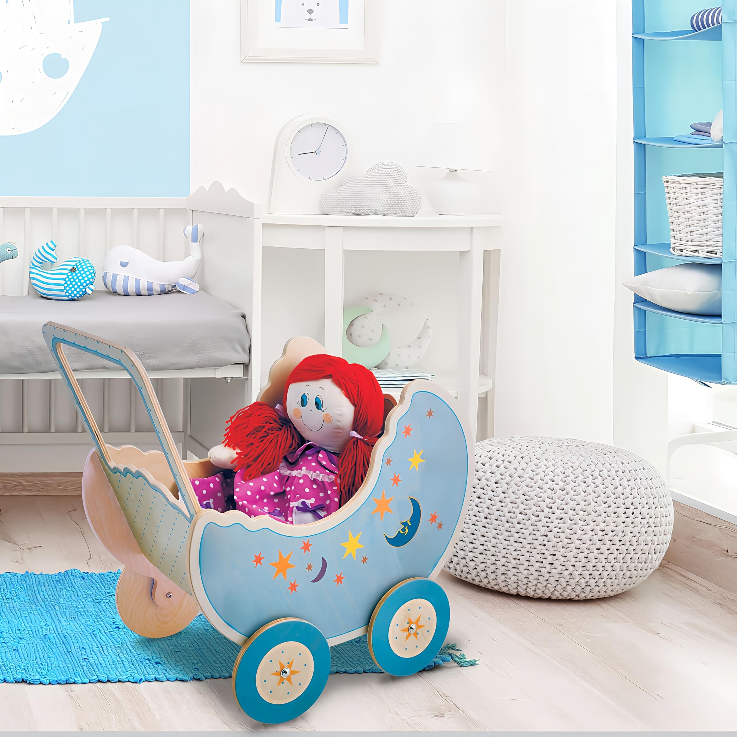 Dida - Carrozzina per Bambole Luna: Realizzato in Legno, Passeggino per Grandi Bambole fino a 50 cm Ideale per i Giochi di Ruolo di Piccole Mamme e Papà, per Bambini 2 3 4 Anni